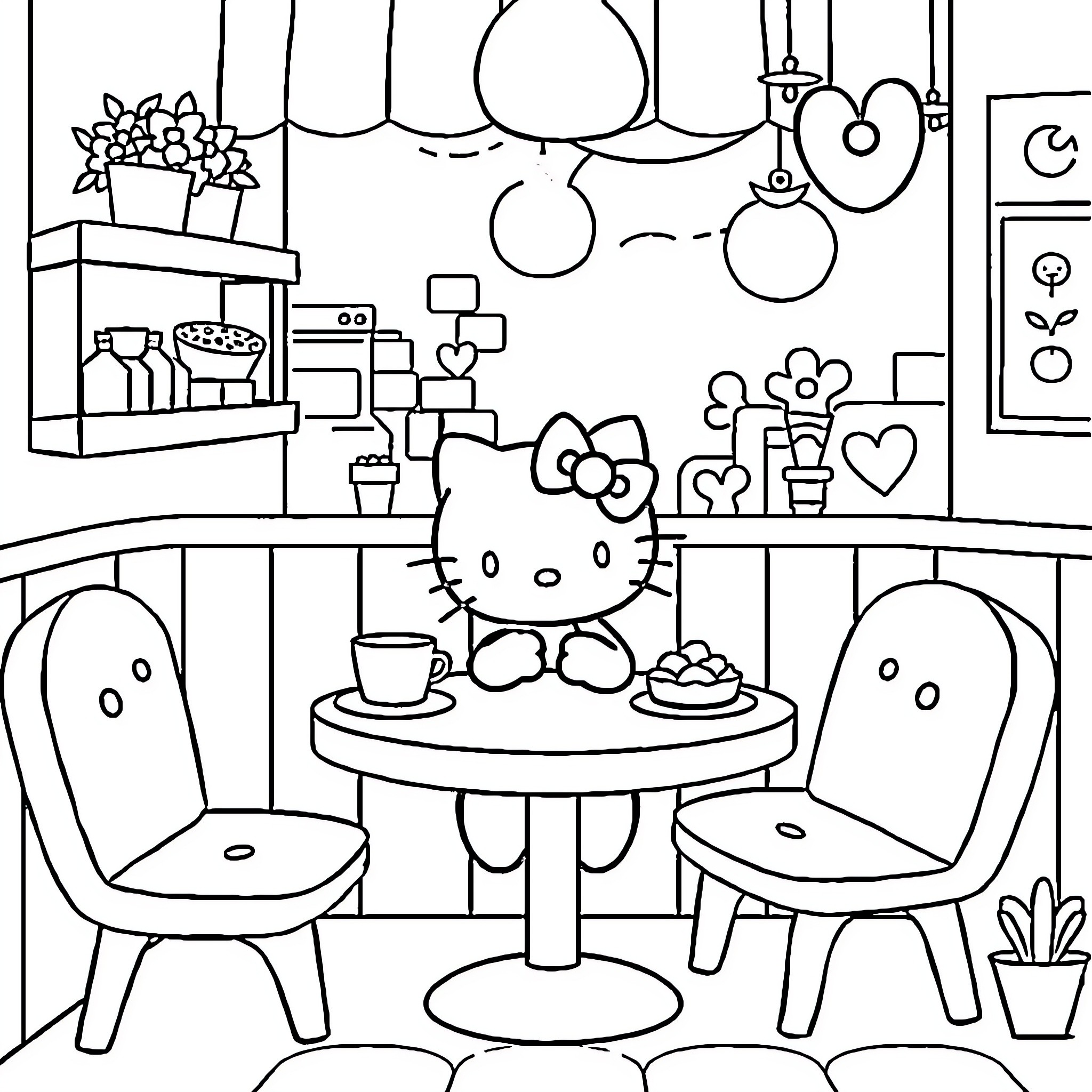 Hello Kitty enjoying a cozy cafe moment Coloring Page (free black-and-white line drawing printable PDF for all, from beginners to advanced learners, including children, teens, adults, and seniors)