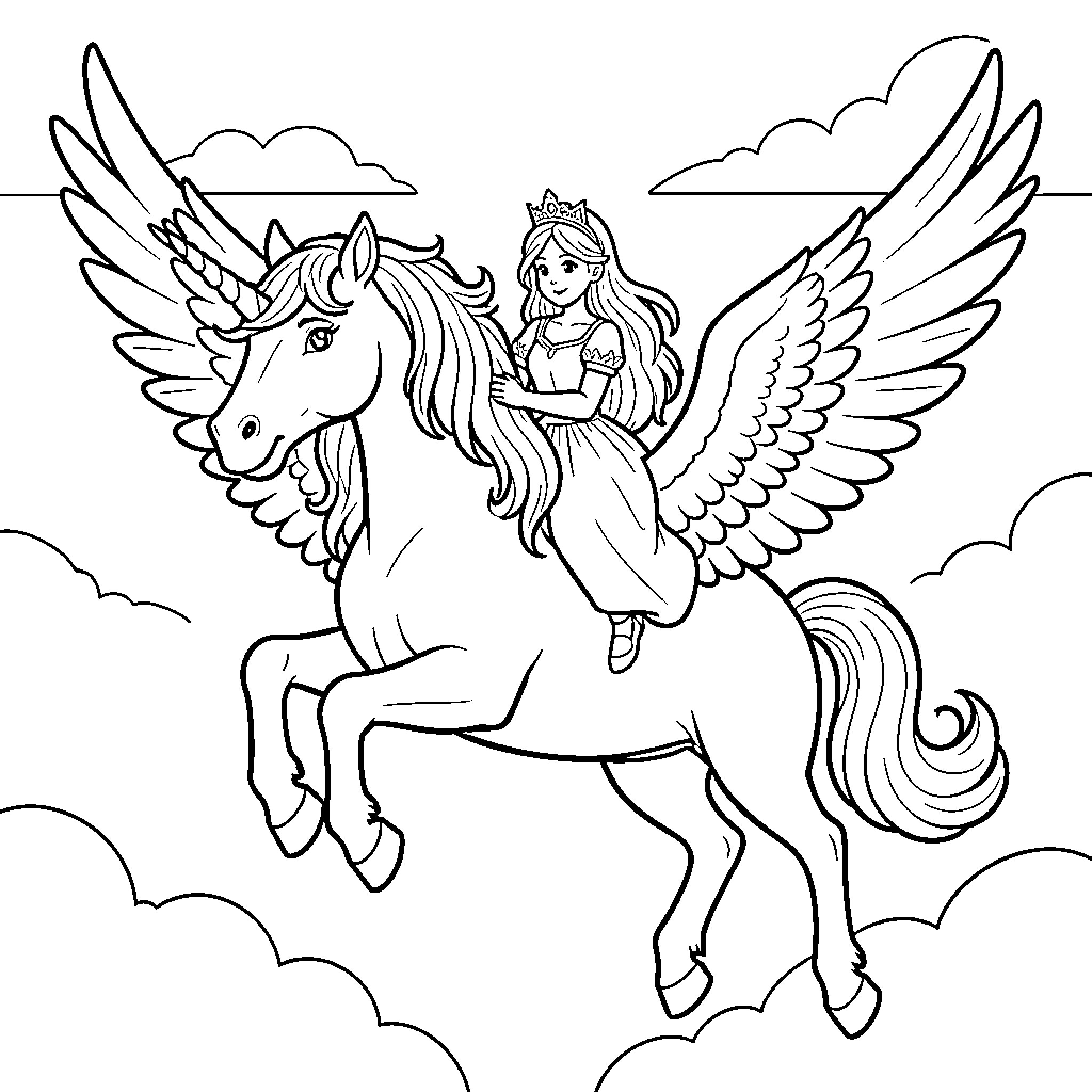Unicorn flying through the clouds with a princess Coloring Page (free black-and-white line drawing printable PDF for all, from beginners to advanced learners, including children, teens, adults, and seniors)
