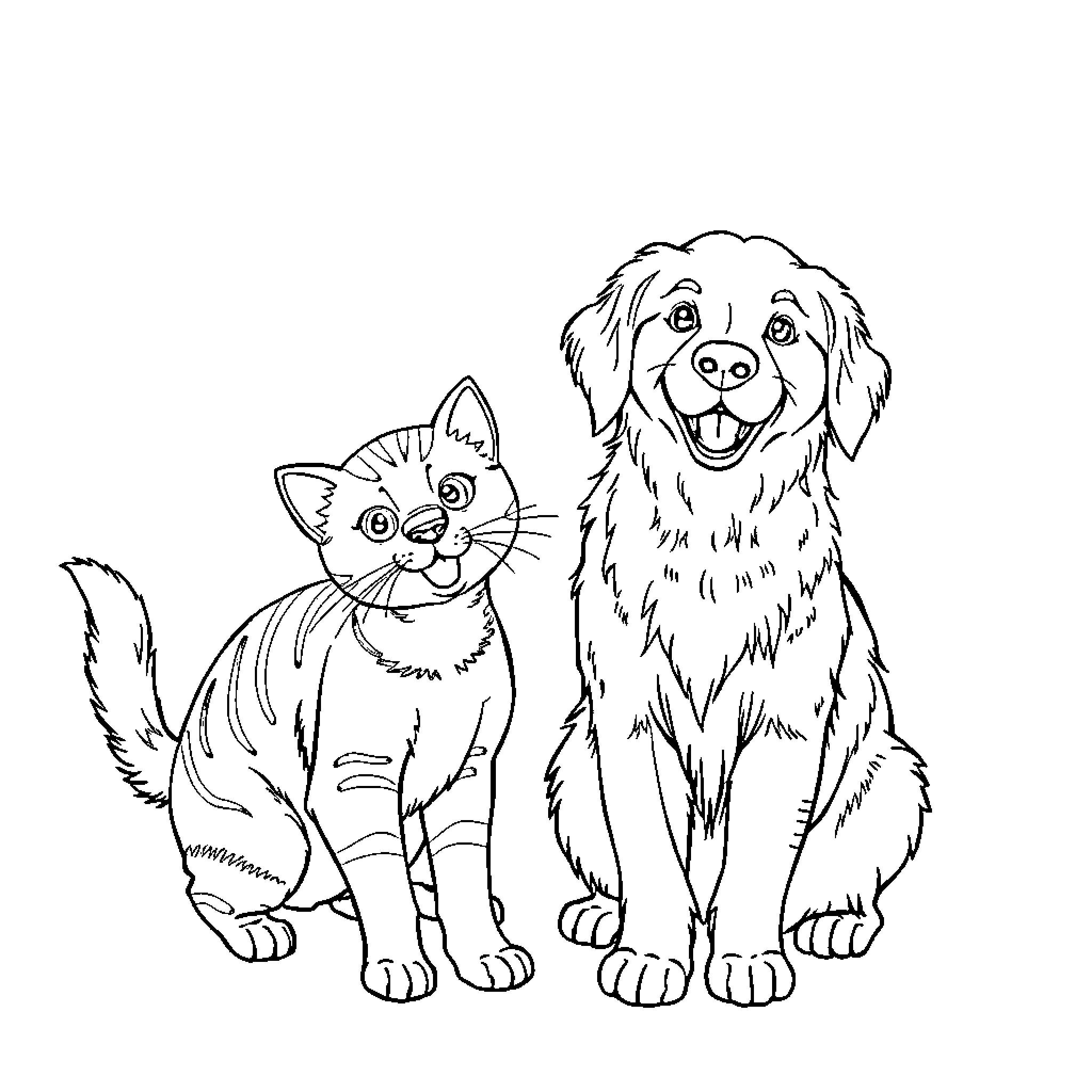 Dog and cat enjoying playtime together Coloring Page (free black-and-white line drawing printable PDF for all, from beginners to advanced learners, including children, teens, adults, and seniors)