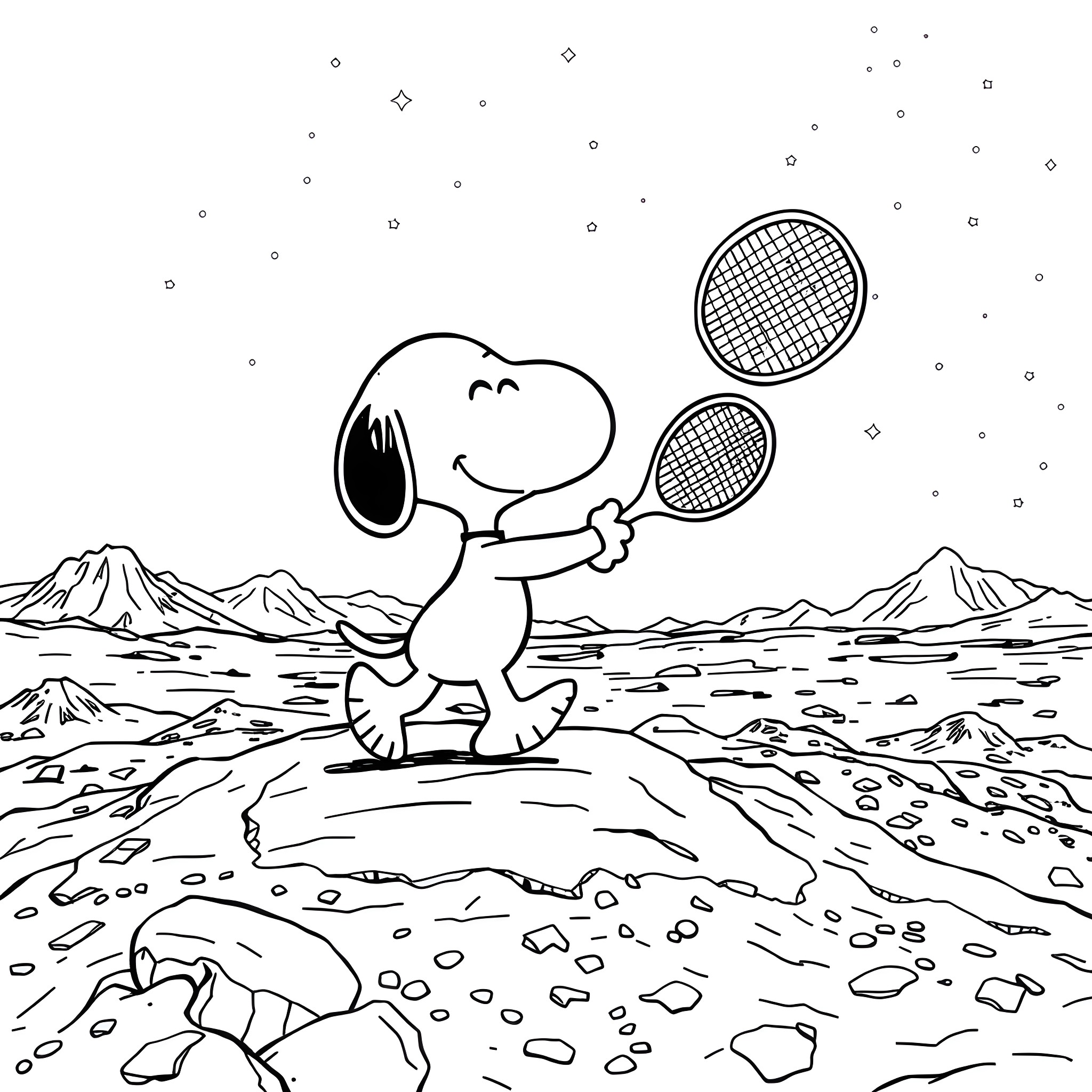 Snoopy playing tennis in the mountains Coloring Page (free black-and-white line drawing printable PDF for all, from beginners to advanced learners, including children, teens, adults, and seniors)