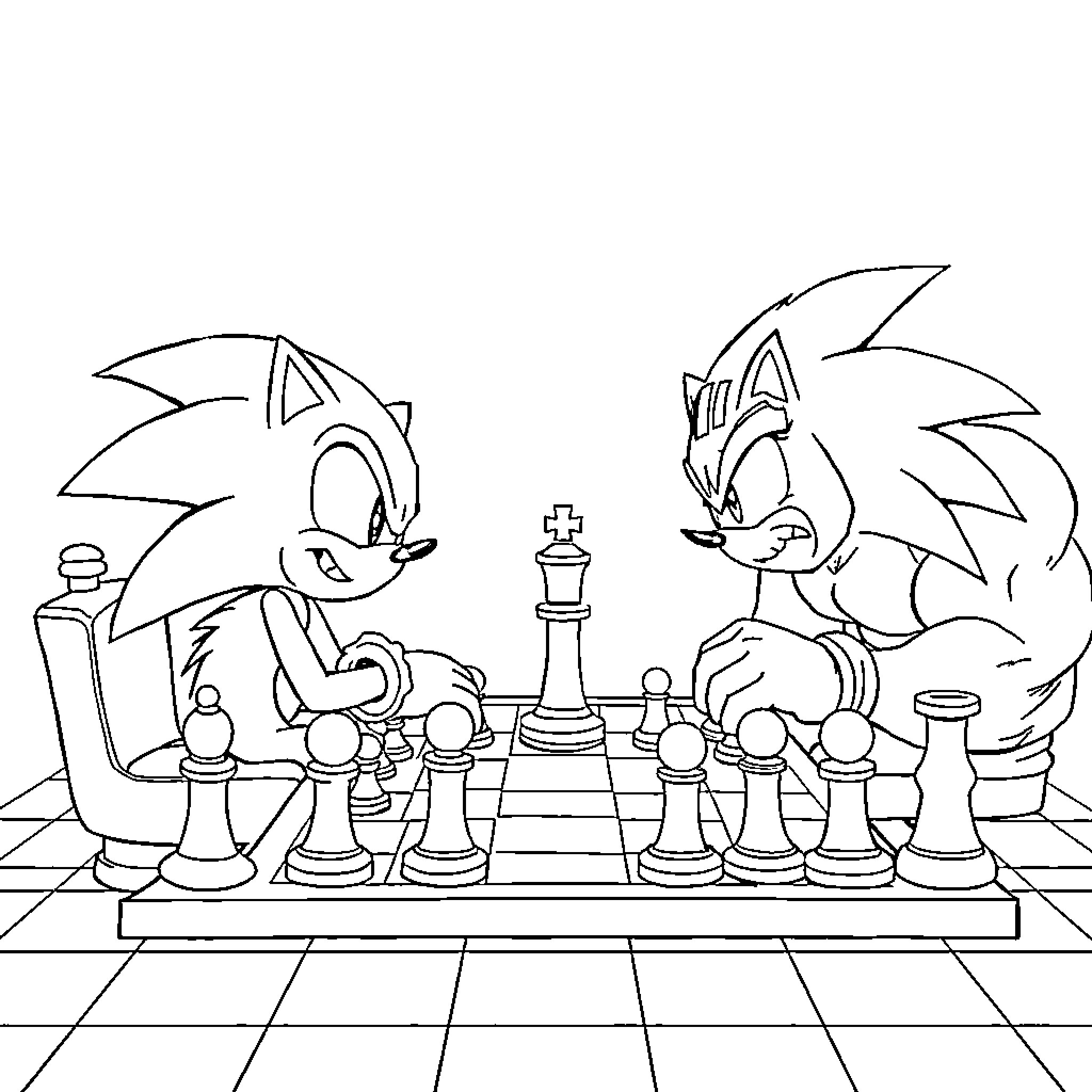 Sonic characters playing chess on a chessboard Coloring Page (free black-and-white line drawing printable PDF for all, from beginners to advanced learners, including children, teens, adults, and seniors)