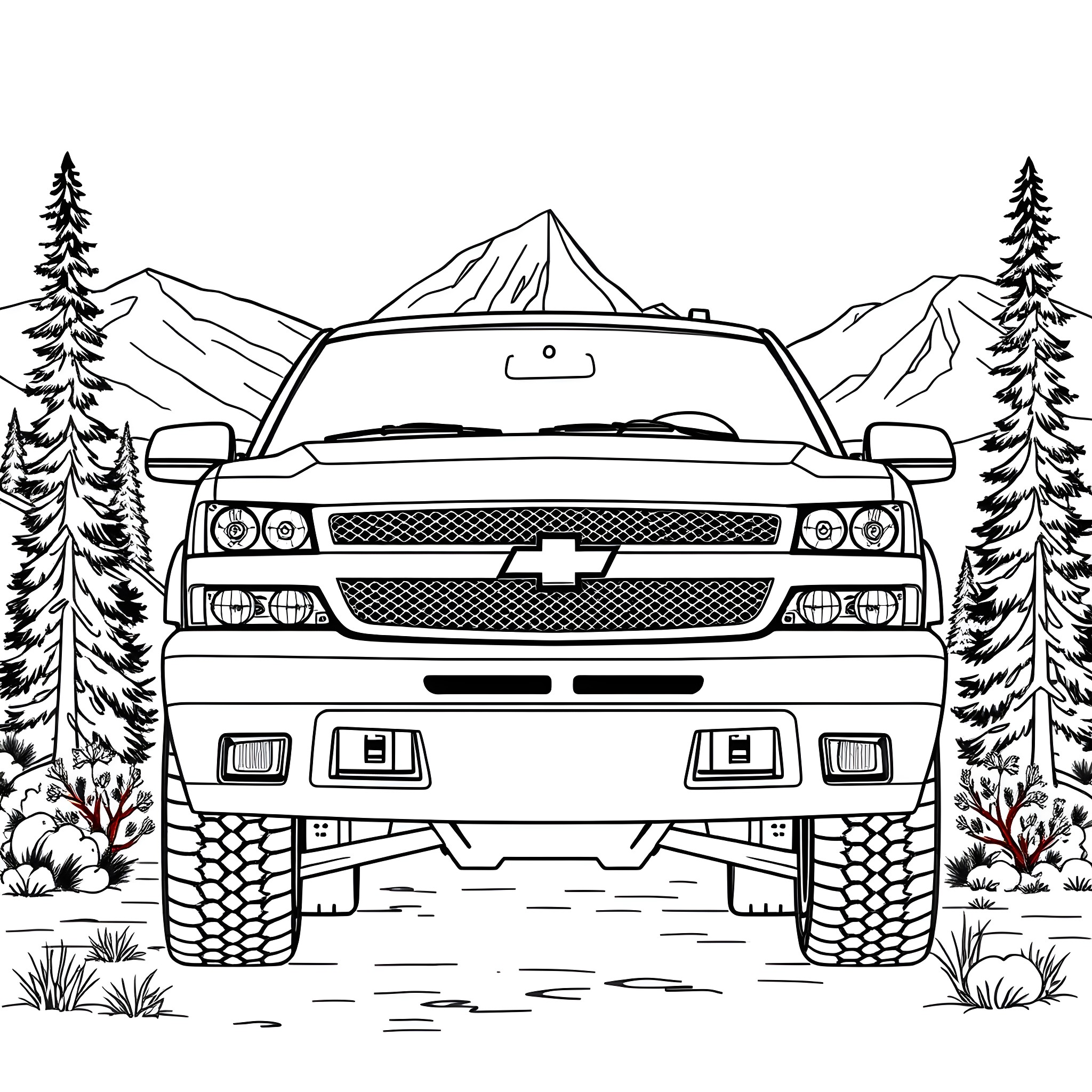 Chevy Tahoe Adventuring Through the Wilderness Coloring Page (free black-and-white line drawing printable PDF for all, from beginners to advanced learners, including children, teens, adults, and seniors)