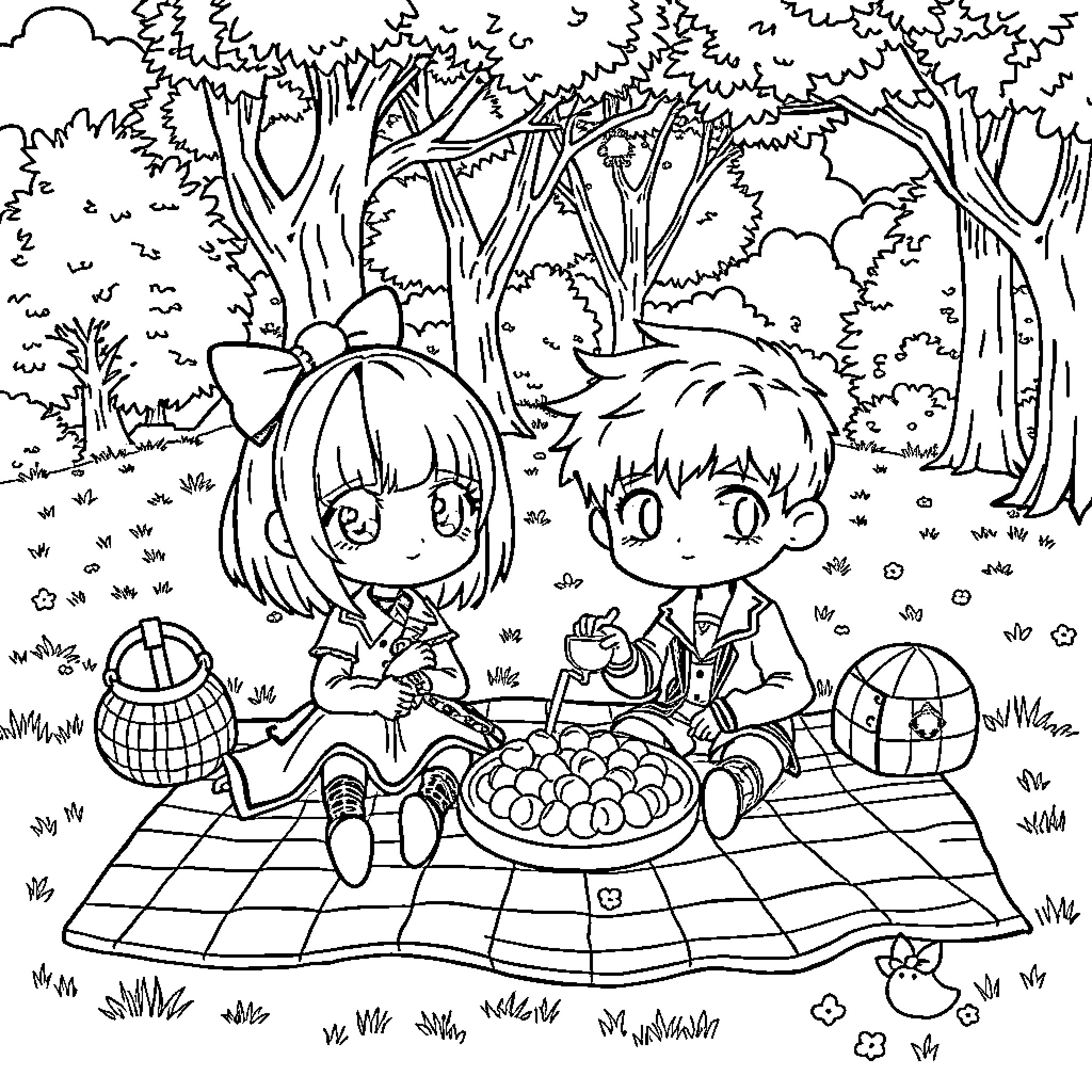 Gothic Chibi Picnic in the Park Coloring Page (free black-and-white line drawing printable PDF for all, from beginners to advanced learners, including children, teens, adults, and seniors)