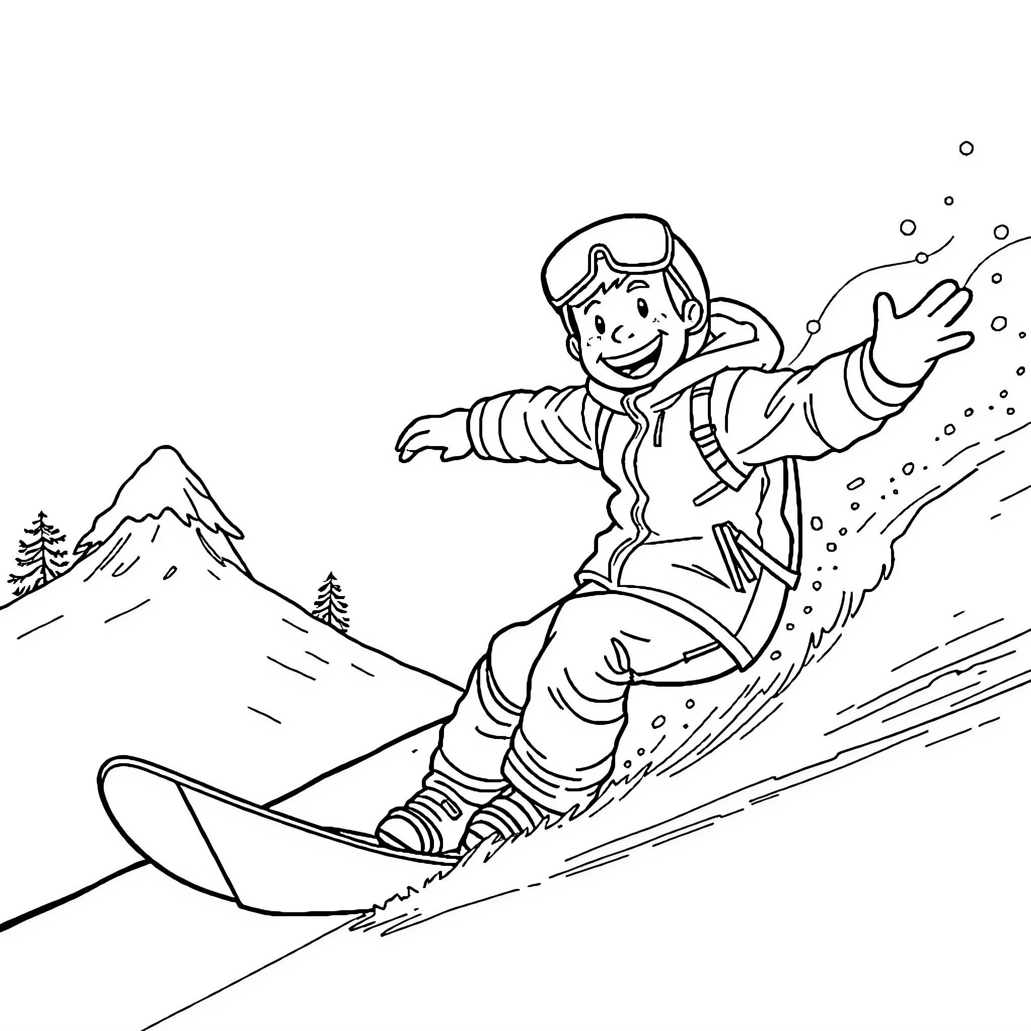 Kobe Bryant snowboarding down the slopes Coloring Page (free black-and-white line drawing printable PDF for all, from beginners to advanced learners, including children, teens, adults, and seniors)