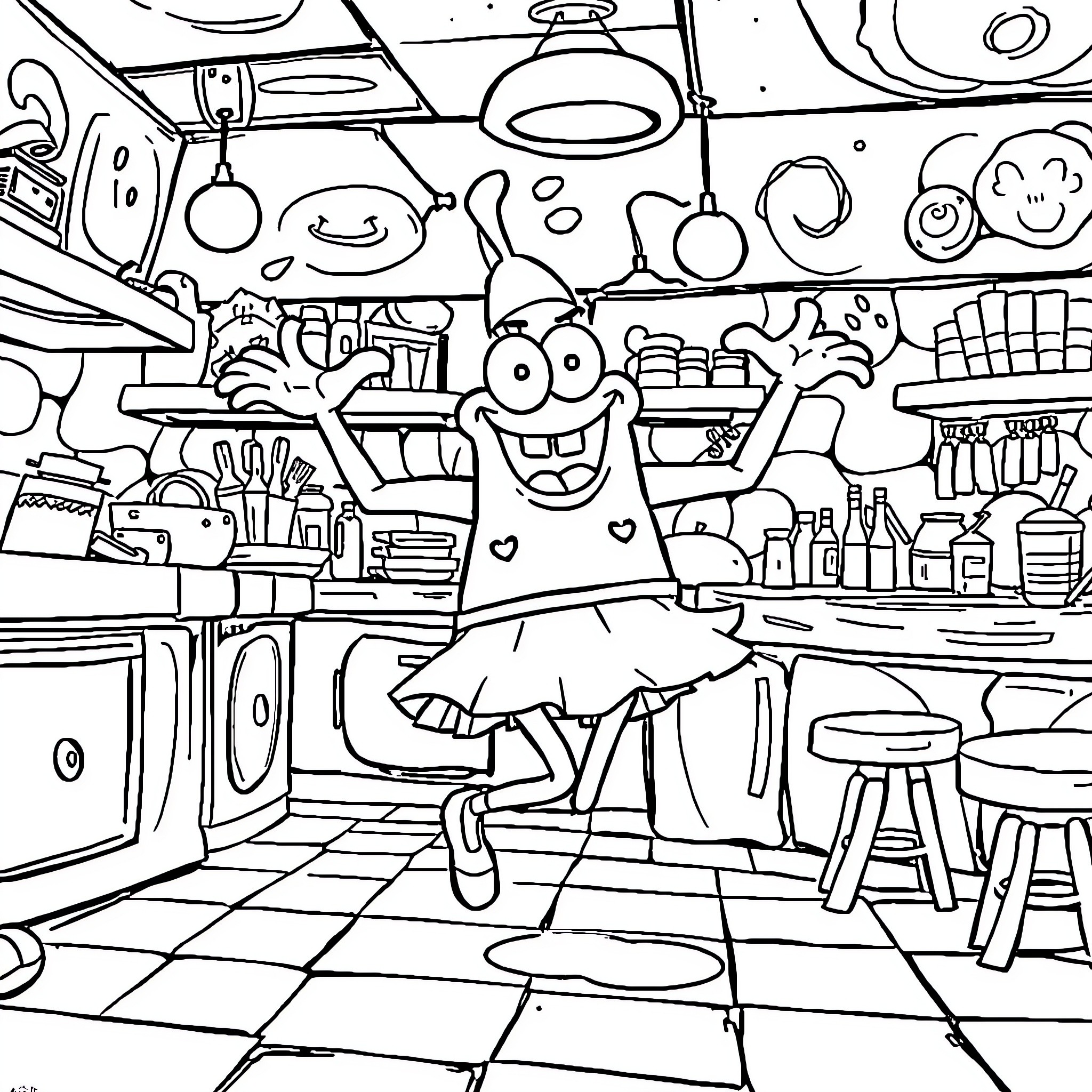 Mr. Krabs' Busy Krusty Krab Kitchen Coloring Page (free black-and-white line drawing printable PDF for all, from beginners to advanced learners, including children, teens, adults, and seniors)
