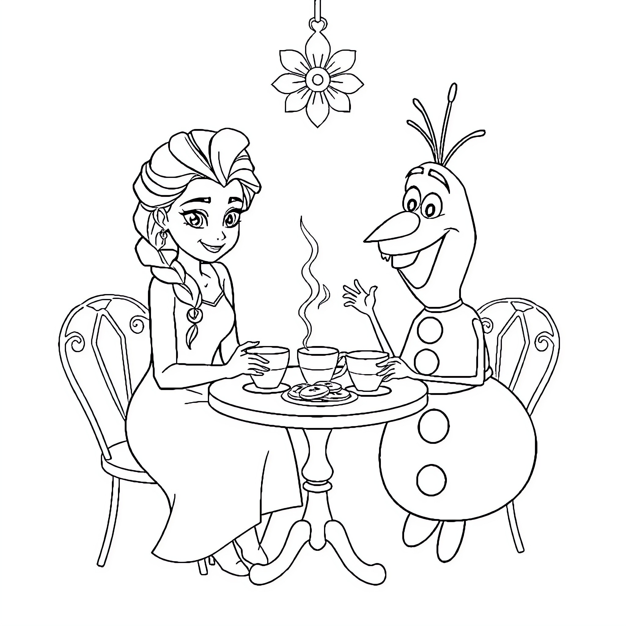 Elsa and Olaf enjoy a cozy tea party Coloring Page (free black-and-white line drawing printable PDF for all, from beginners to advanced learners, including children, teens, adults, and seniors)