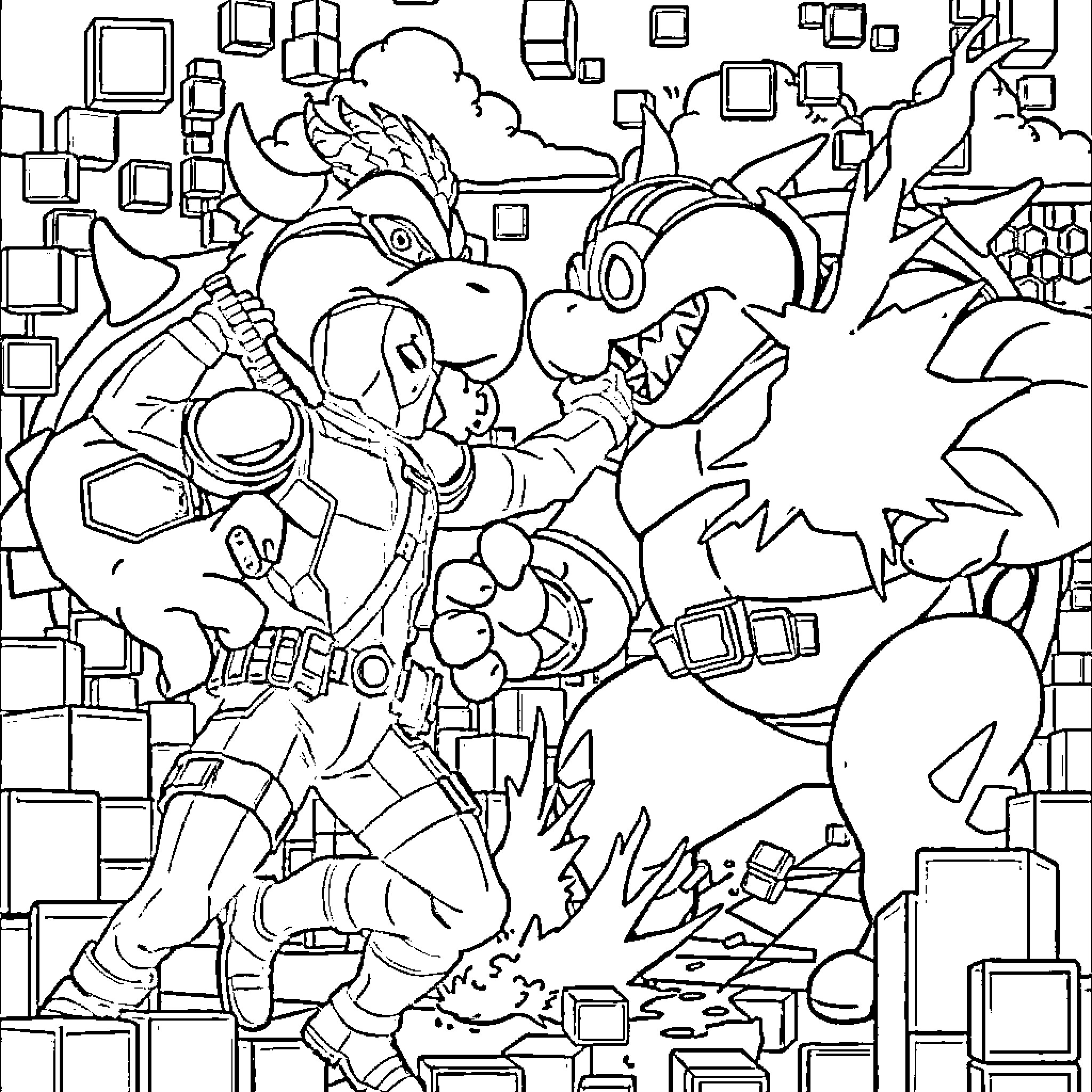Deadpool's Chaotic Comic Book Adventure Coloring Page (free black-and-white line drawing printable PDF for all, from beginners to advanced learners, including children, teens, adults, and seniors)