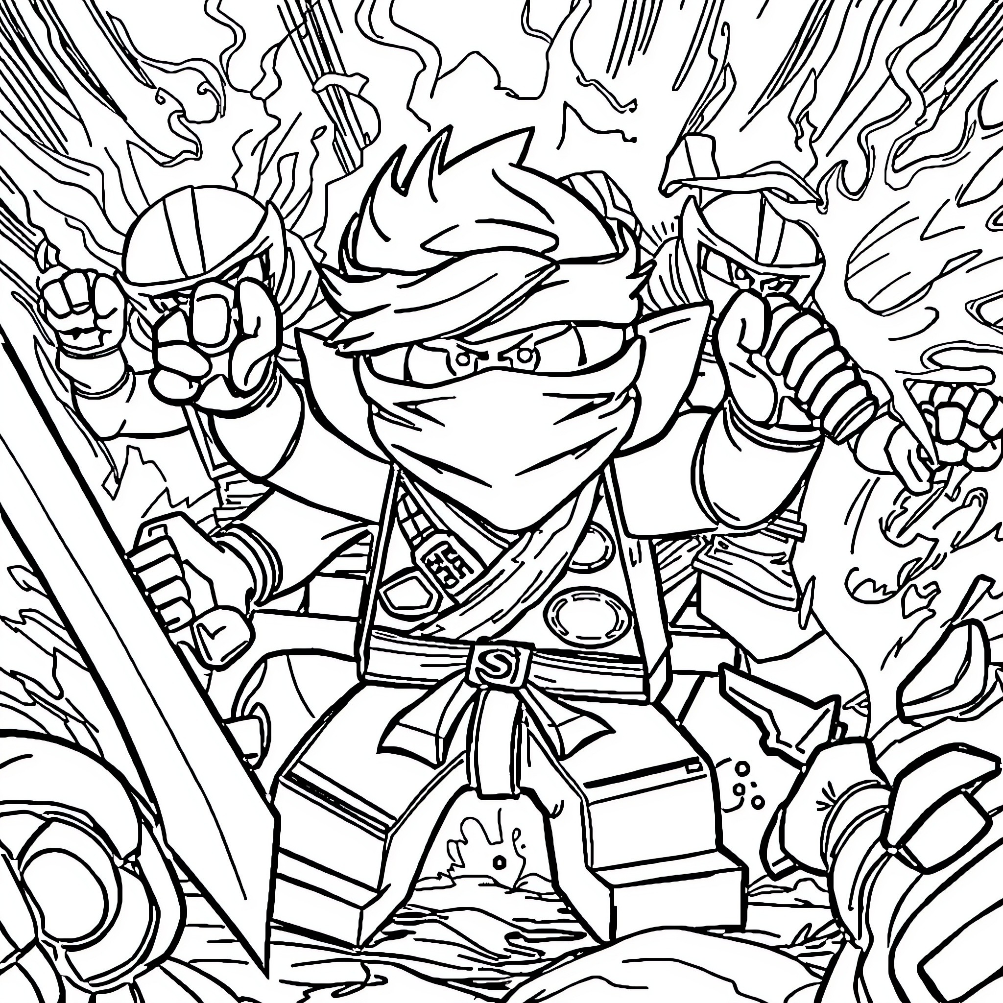 Kai's Ninja Adventure Coloring Page (free black-and-white line drawing printable PDF for all, from beginners to advanced learners, including children, teens, adults, and seniors)