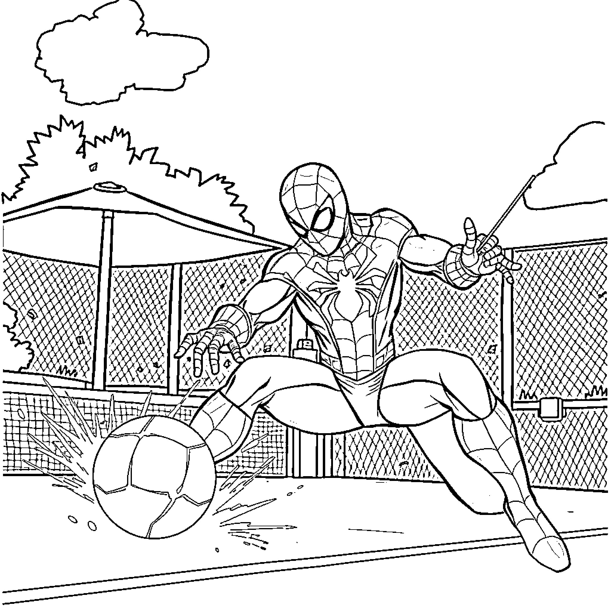 Spiderman swinging into action in city setting Coloring Page (free black-and-white line drawing printable PDF for all, from beginners to advanced learners, including children, teens, adults, and seniors)