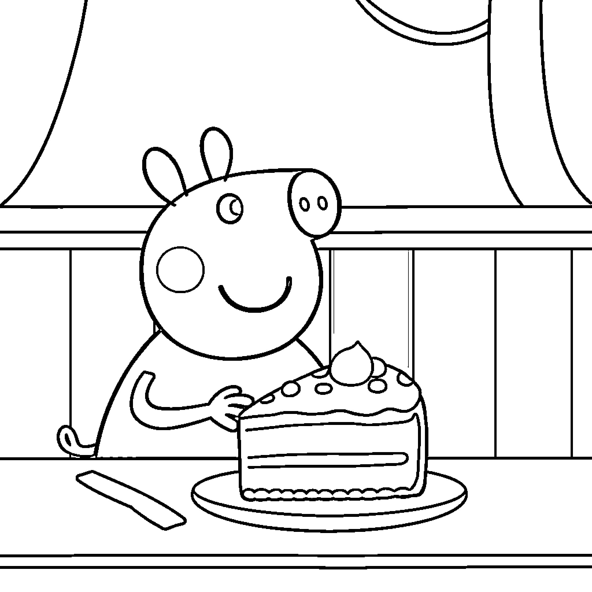Peppa Pig enjoying a delicious cake Coloring Page (free black-and-white line drawing printable PDF for all, from beginners to advanced learners, including children, teens, adults, and seniors)