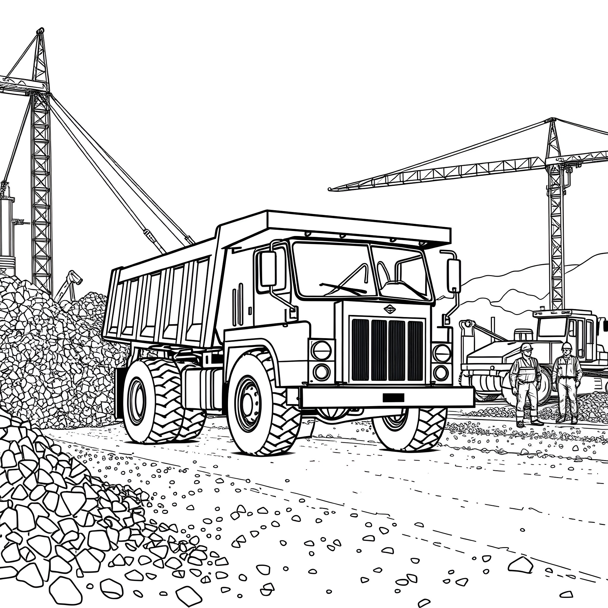 Dump Truck Hauling Materials at Construction Site Coloring Page (free black-and-white line drawing printable PDF for all, from beginners to advanced learners, including children, teens, adults, and seniors)