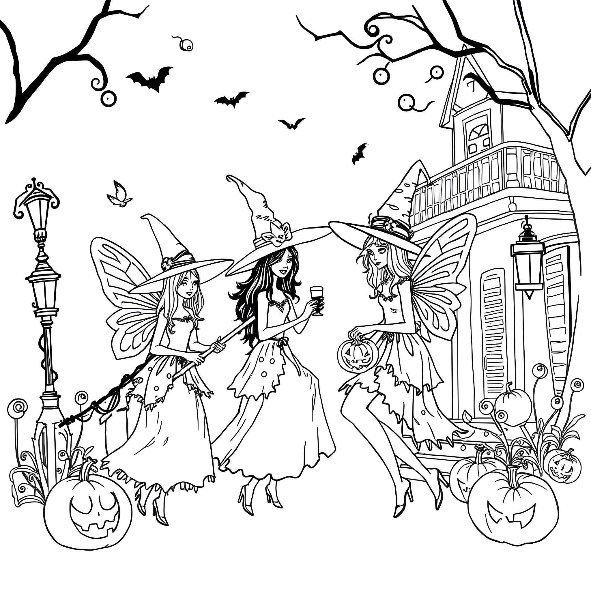 Fairy Witches Celebrate Halloween in the Enchanted Town Coloring Page (free black-and-white line drawing printable PDF for all, from beginners to advanced learners, including children, teens, adults, and seniors)