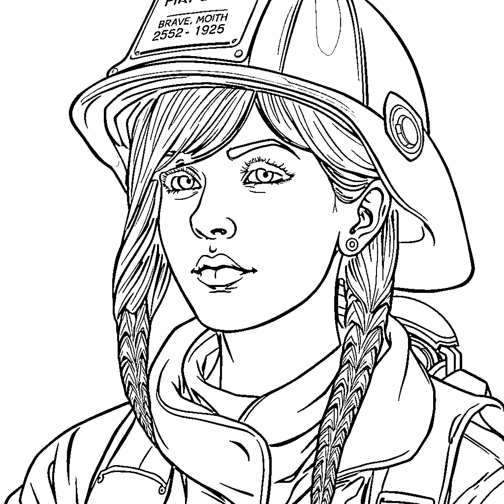 Firefighter in uniform with determined expression Coloring Page (free black-and-white line drawing printable PDF for all, from beginners to advanced learners, including children, teens, adults, and seniors)
