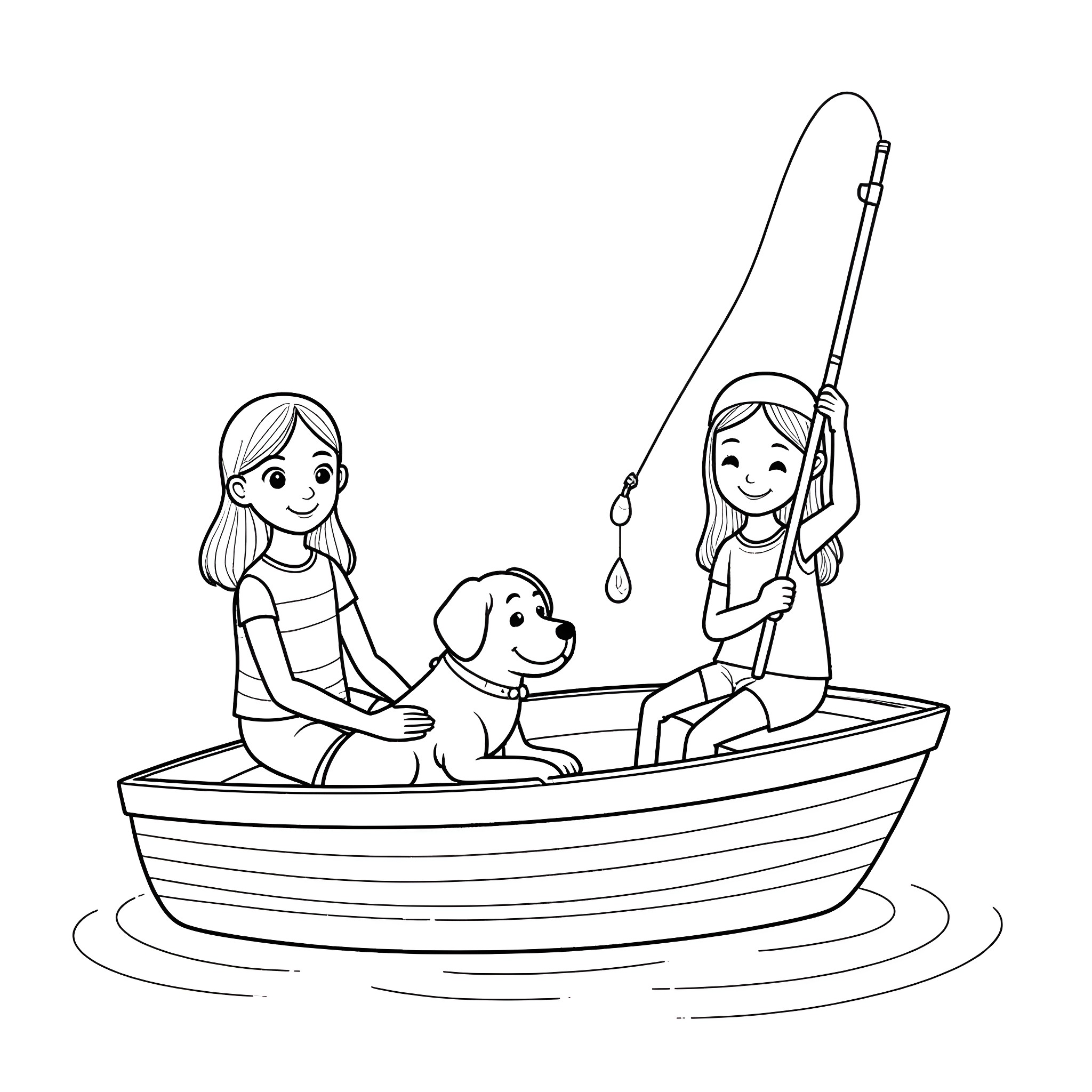 Dog and girls fishing in a boat Coloring Page (free black-and-white line drawing printable PDF for all, from beginners to advanced learners, including children, teens, adults, and seniors)