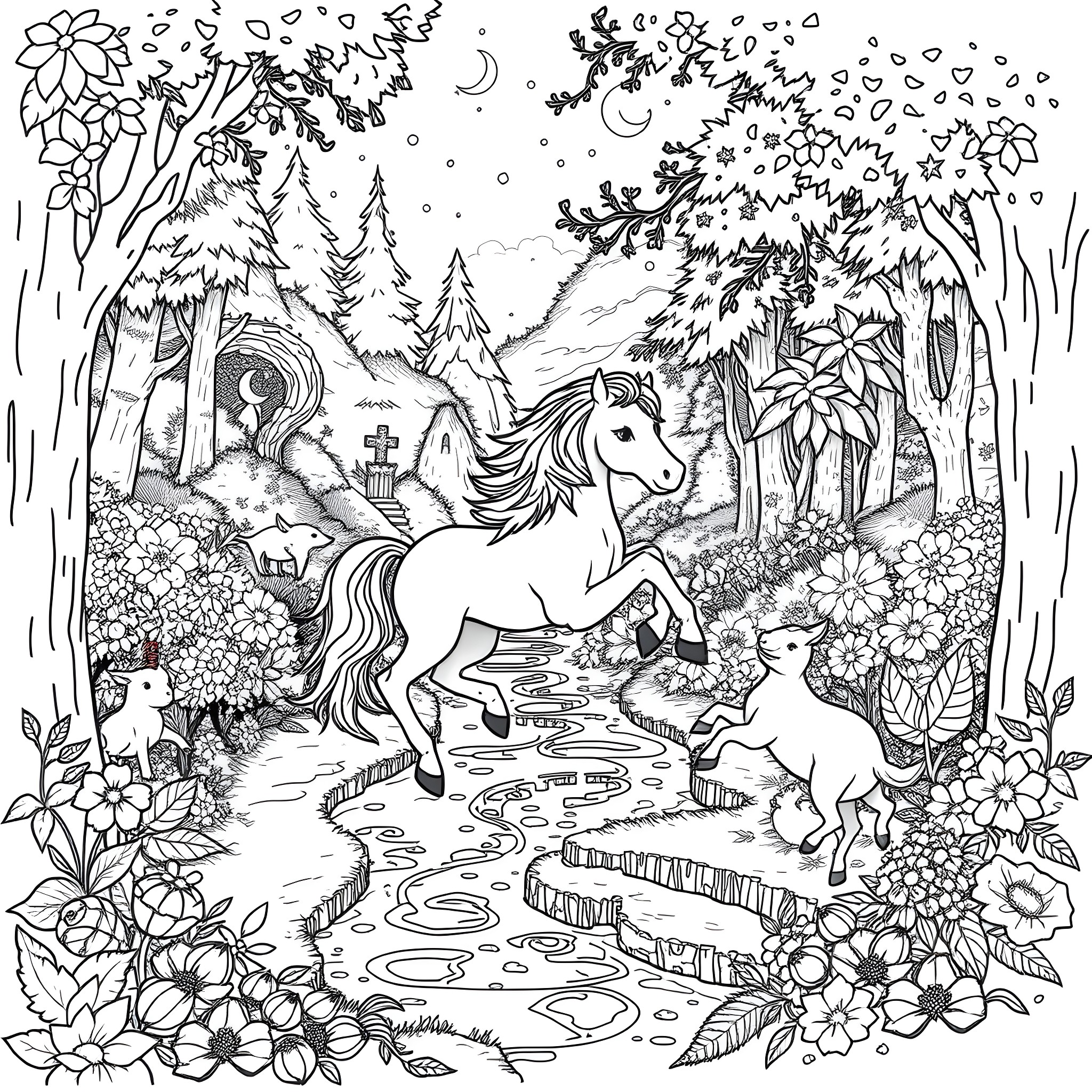 Unicorn in the enchanted forest Coloring Page (free black-and-white line drawing printable PDF for all, from beginners to advanced learners, including children, teens, adults, and seniors)