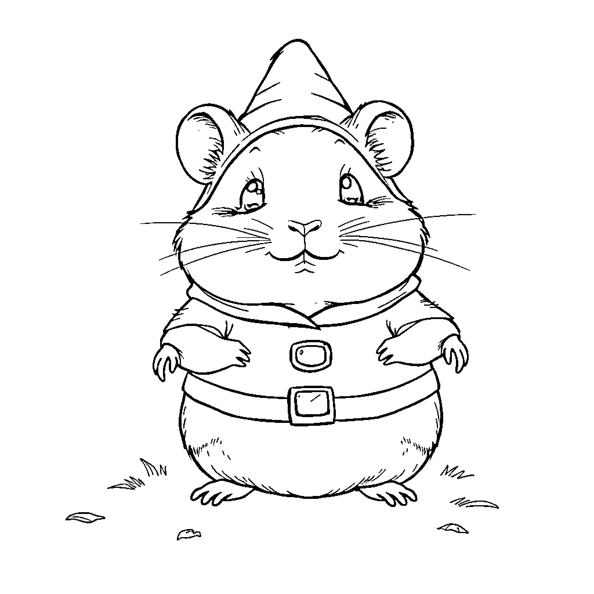 Hamster in a Toadstool Hat Coloring Page (free black-and-white line drawing printable PDF for all, from beginners to advanced learners, including children, teens, adults, and seniors)