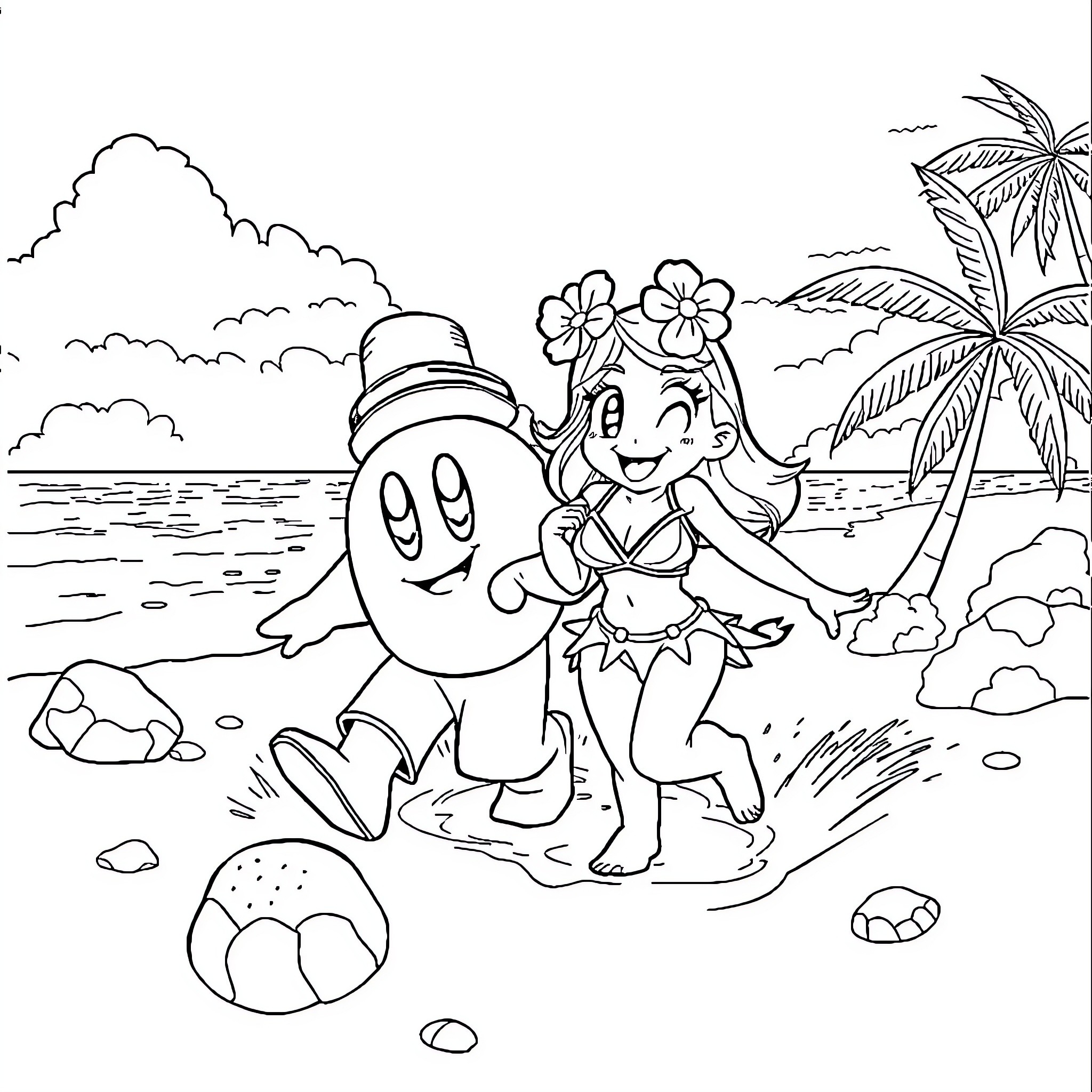 Kirby and a beachgoer exploring the tropical coastline Coloring Page (free black-and-white line drawing printable PDF for all, from beginners to advanced learners, including children, teens, adults, and seniors)