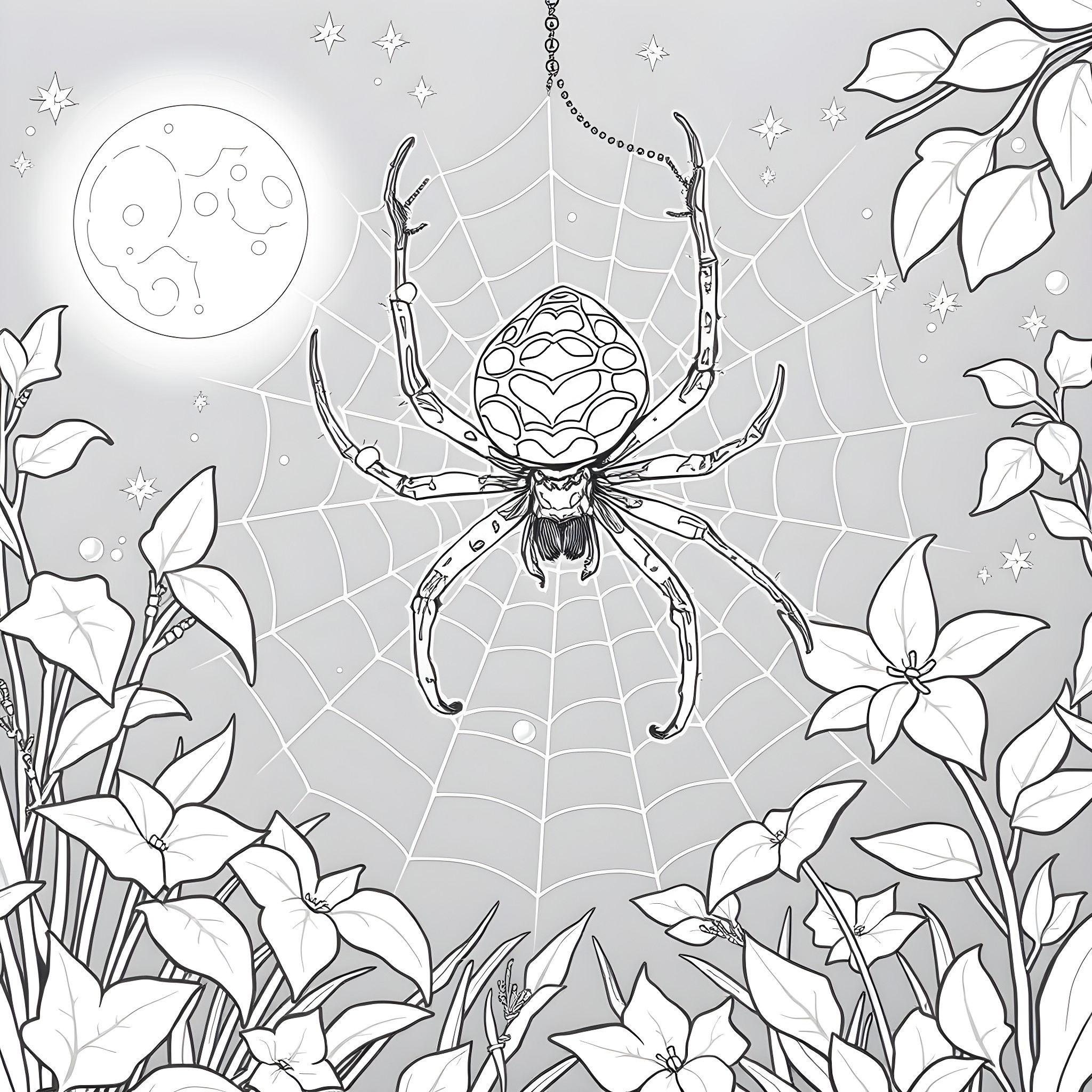 Spider spinning web under the moonlight Coloring Page (free black-and-white line drawing printable PDF for all, from beginners to advanced learners, including children, teens, adults, and seniors)