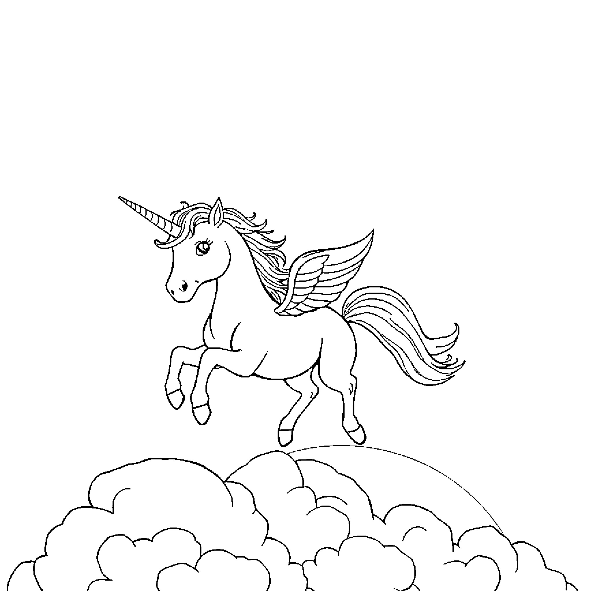 Unicorn soaring through the clouds Coloring Page (free black-and-white line drawing printable PDF for all, from beginners to advanced learners, including children, teens, adults, and seniors)