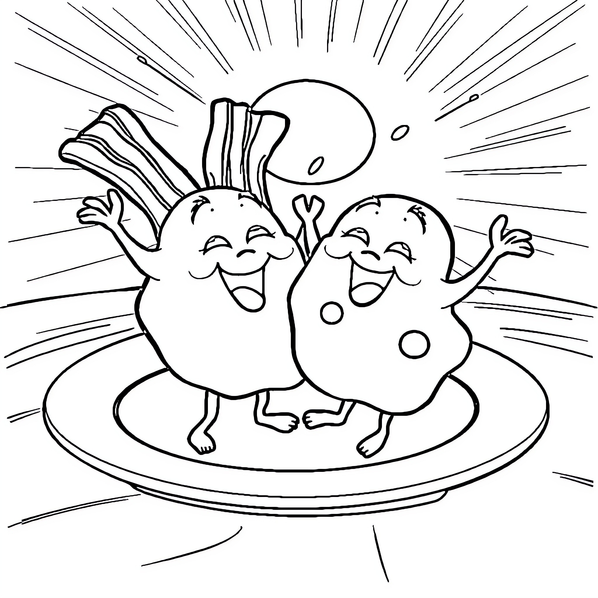 Bacon and Egg Cartoon Characters Celebrating Coloring Page (free black-and-white line drawing printable PDF for all, from beginners to advanced learners, including children, teens, adults, and seniors)