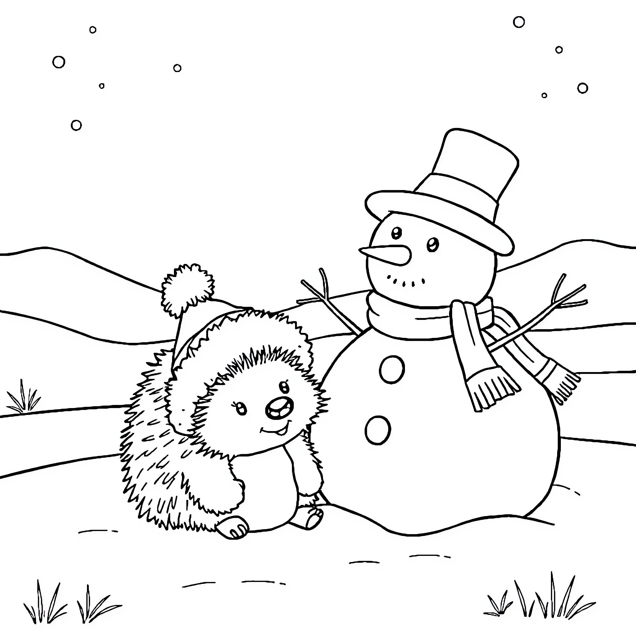 Hedgehog playing with a friendly snowman Coloring Page (free black-and-white line drawing printable PDF for all, from beginners to advanced learners, including children, teens, adults, and seniors)