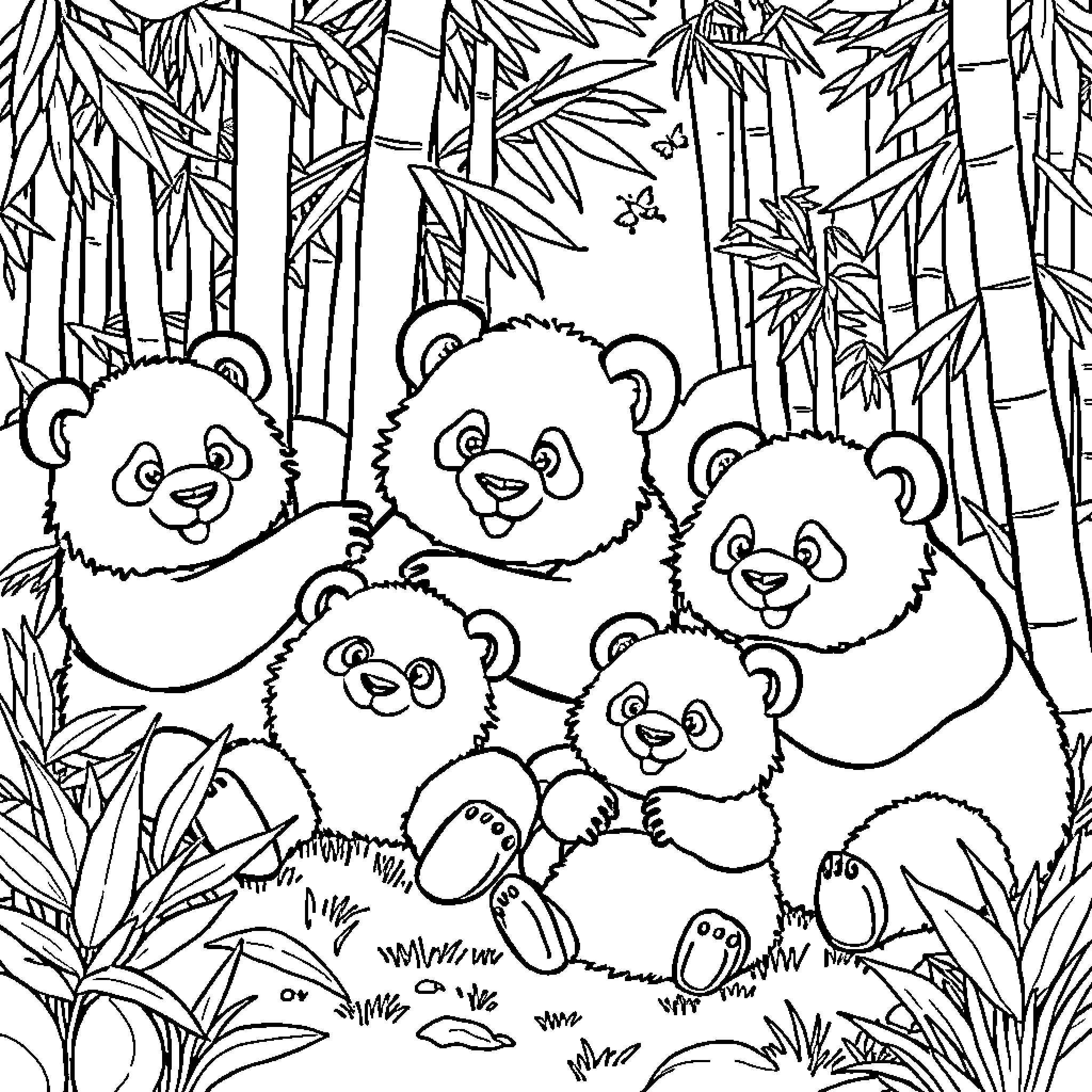 Panda family in the bamboo forest Coloring Page (free black-and-white line drawing printable PDF for all, from beginners to advanced learners, including children, teens, adults, and seniors)