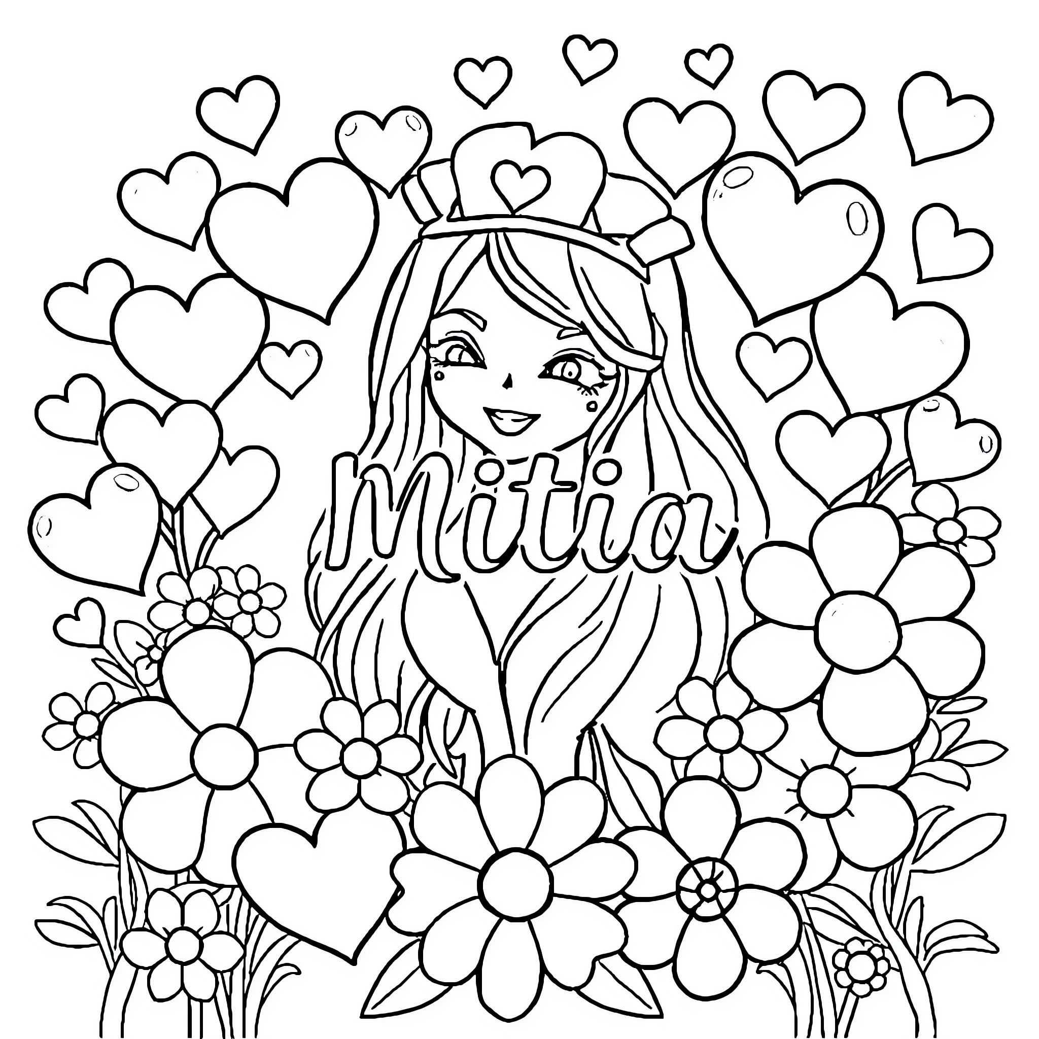 Logo of young girl surrounded by hearts and flowers Coloring Page (free black-and-white line drawing printable PDF for all, from beginners to advanced learners, including children, teens, adults, and seniors)
