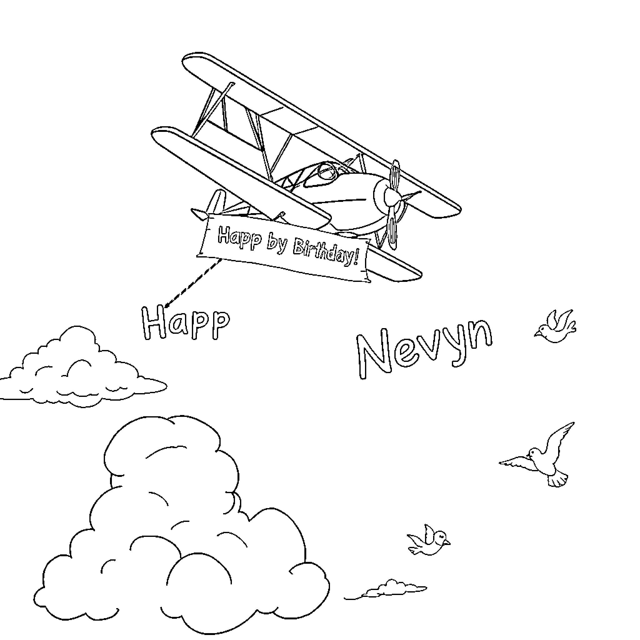 Biplane delivering birthday wishes to Nevyn Coloring Page (free black-and-white line drawing printable PDF for all, from beginners to advanced learners, including children, teens, adults, and seniors)