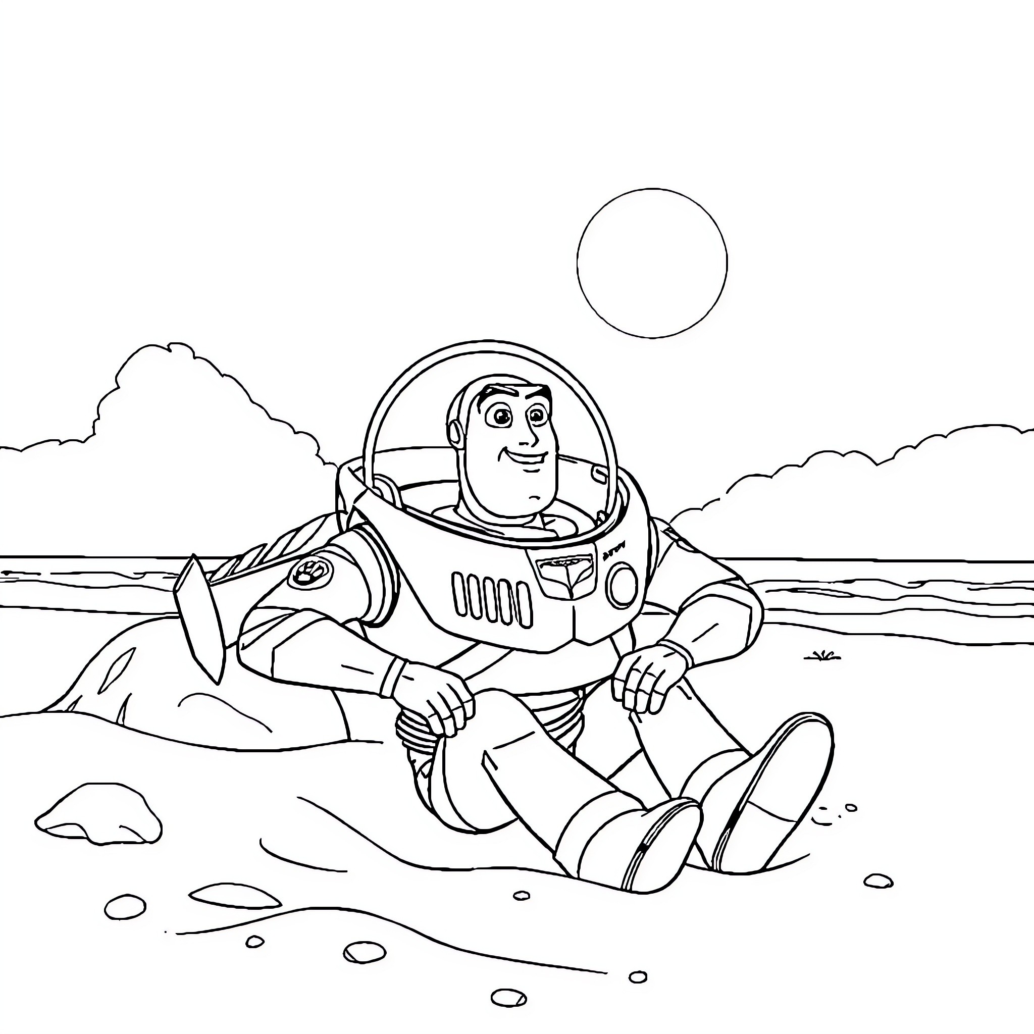 Buzz Lightyear exploring the alien landscape Coloring Page (free black-and-white line drawing printable PDF for all, from beginners to advanced learners, including children, teens, adults, and seniors)