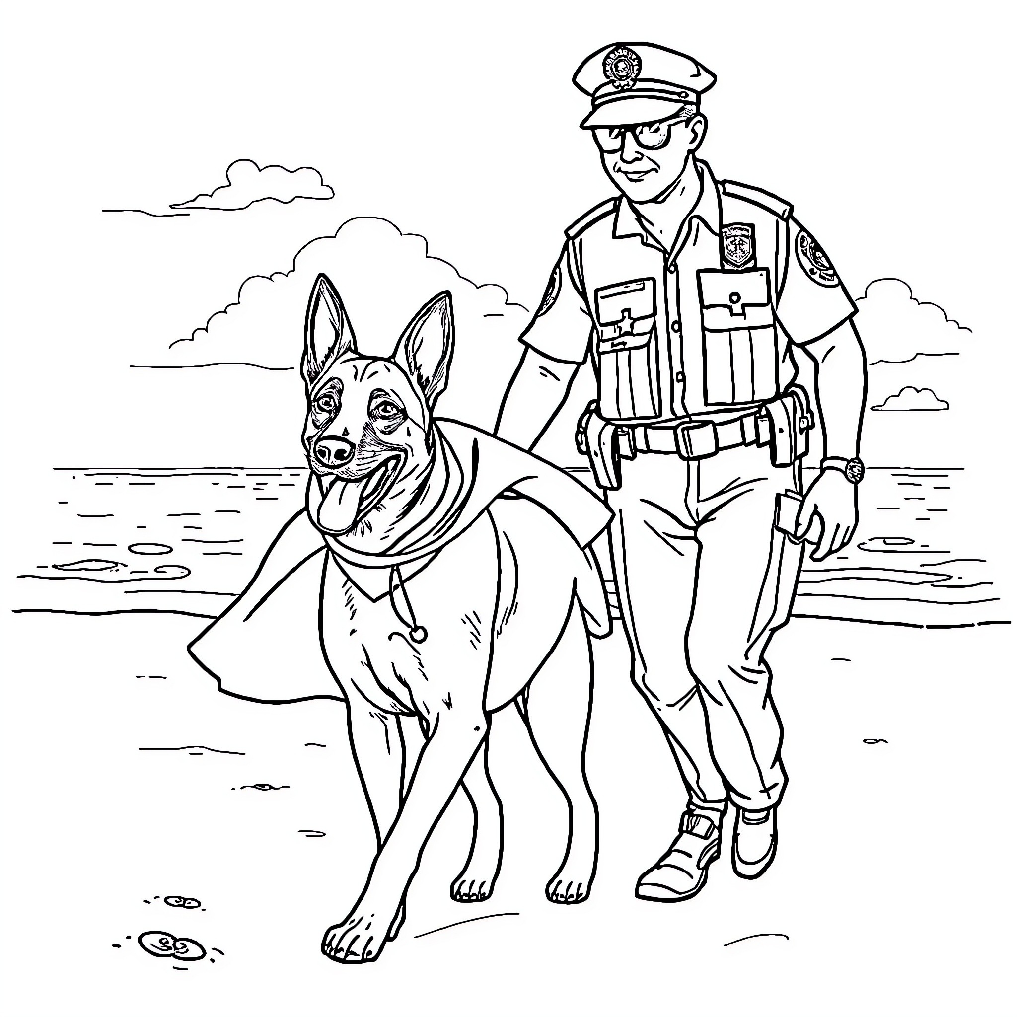 Malinois police dog assisting officer on patrol Coloring Page (free black-and-white line drawing printable PDF for all, from beginners to advanced learners, including children, teens, adults, and seniors)