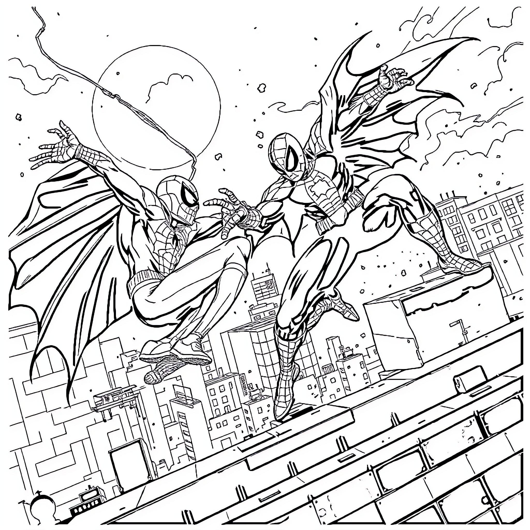 Spiderman battles a sinister foe above the cityscape Coloring Page (free black-and-white line drawing printable PDF for all, from beginners to advanced learners, including children, teens, adults, and seniors)
