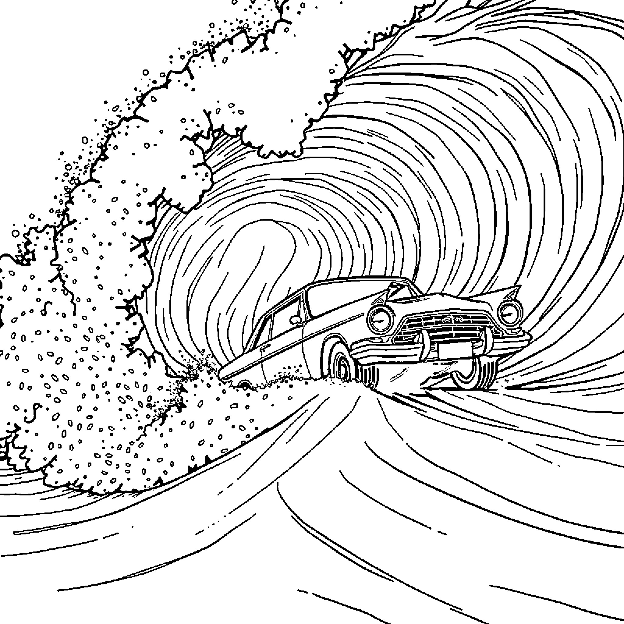 Surfing through the storm in a classic car Coloring Page (free black-and-white line drawing printable PDF for all, from beginners to advanced learners, including children, teens, adults, and seniors)
