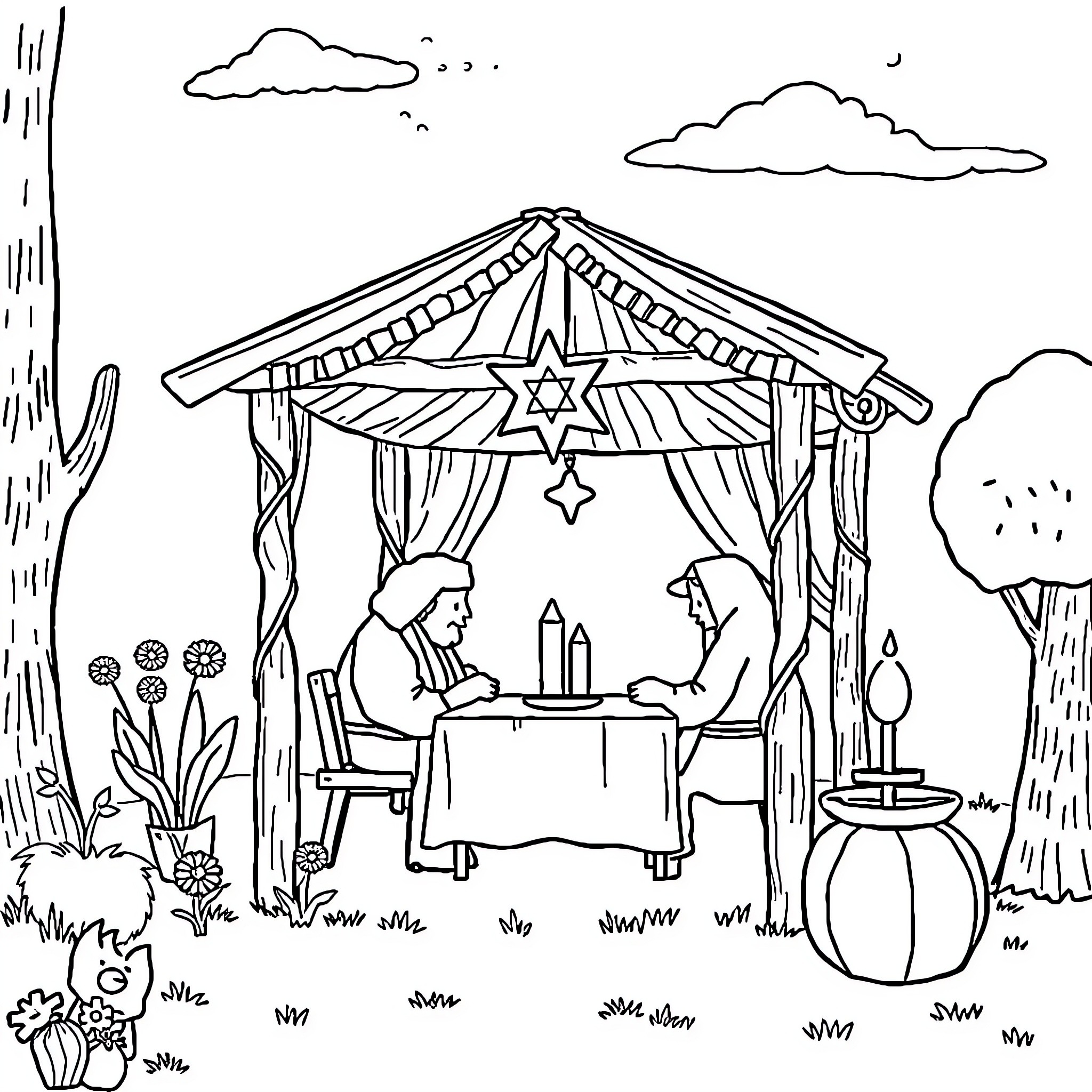 Succot celebration with family gathering in sukkah Coloring Page (free black-and-white line drawing printable PDF for all, from beginners to advanced learners, including children, teens, adults, and seniors)