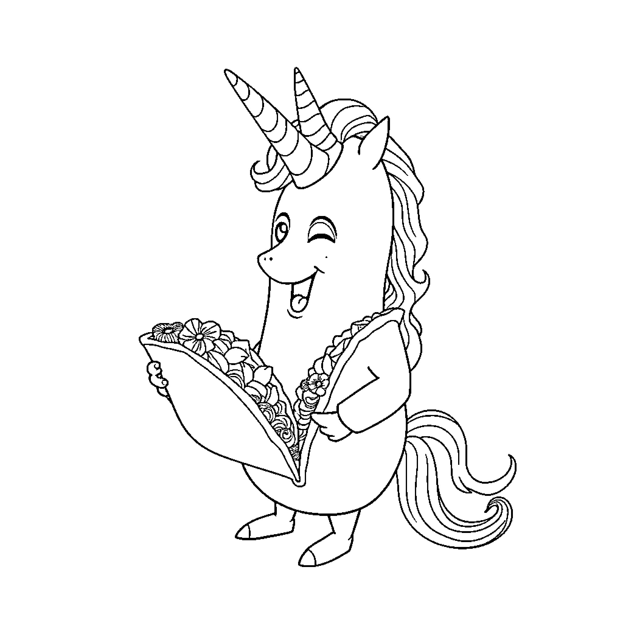 Banana Unicorn Holding a Flower Basket Coloring Page (free black-and-white line drawing printable PDF for all, from beginners to advanced learners, including children, teens, adults, and seniors)