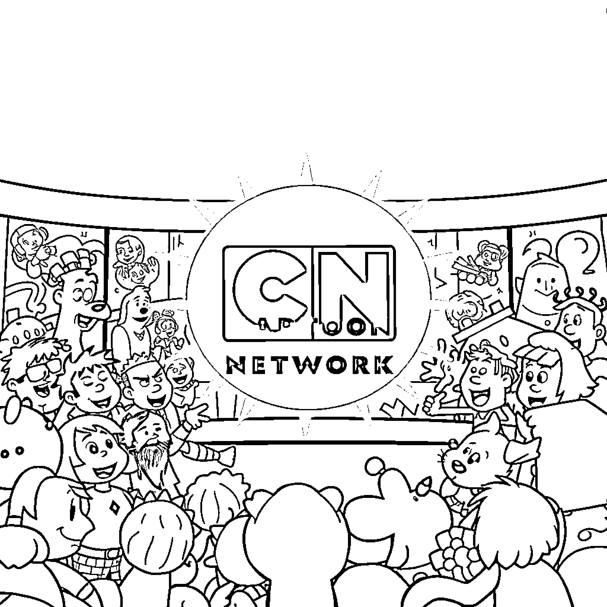 Cartoon Network Characters in an Arena Crowd Coloring Page (free black-and-white line drawing printable PDF for all, from beginners to advanced learners, including children, teens, adults, and seniors)