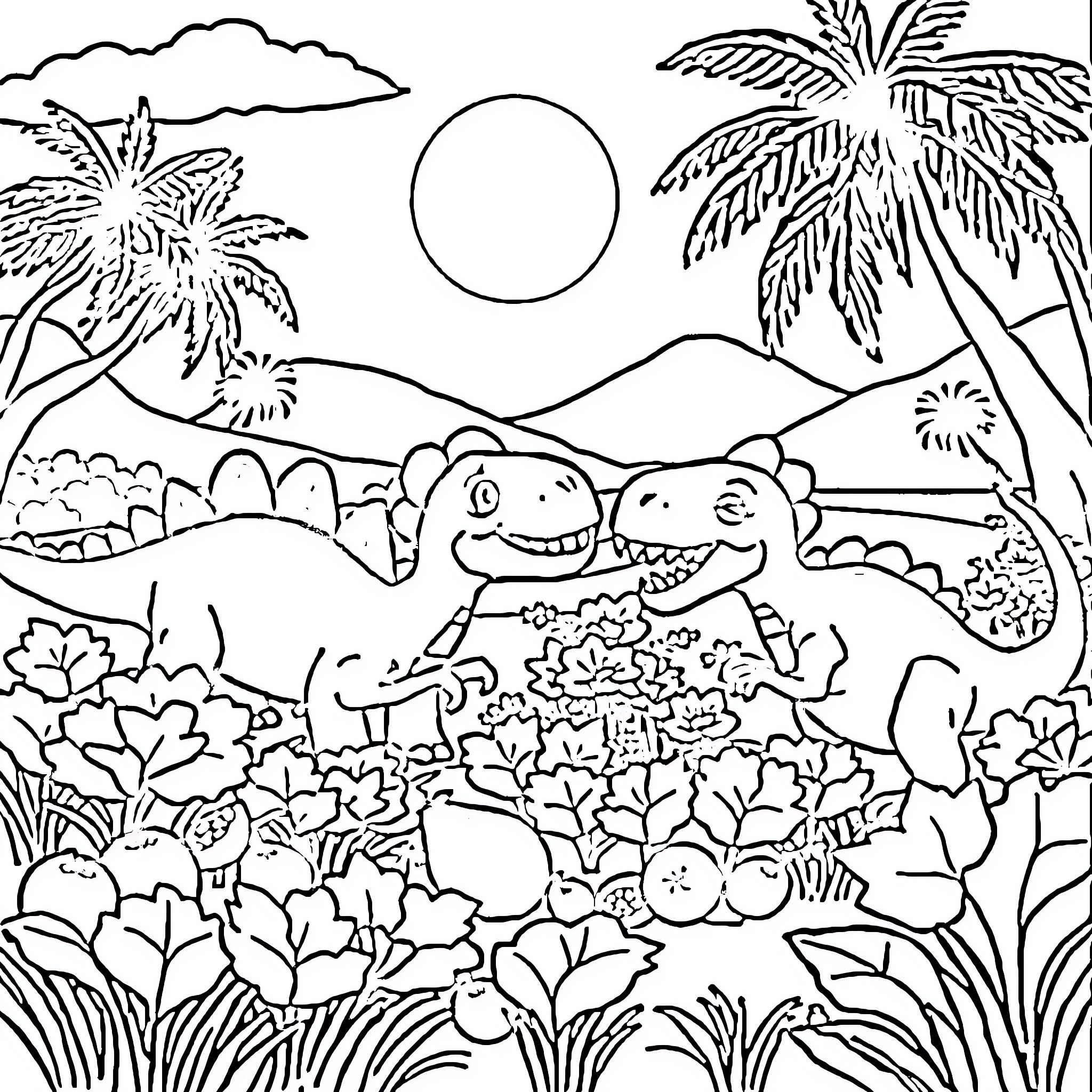 Dinos Enjoying Tropical Landscape Coloring Page (free black-and-white line drawing printable PDF for all, from beginners to advanced learners, including children, teens, adults, and seniors)