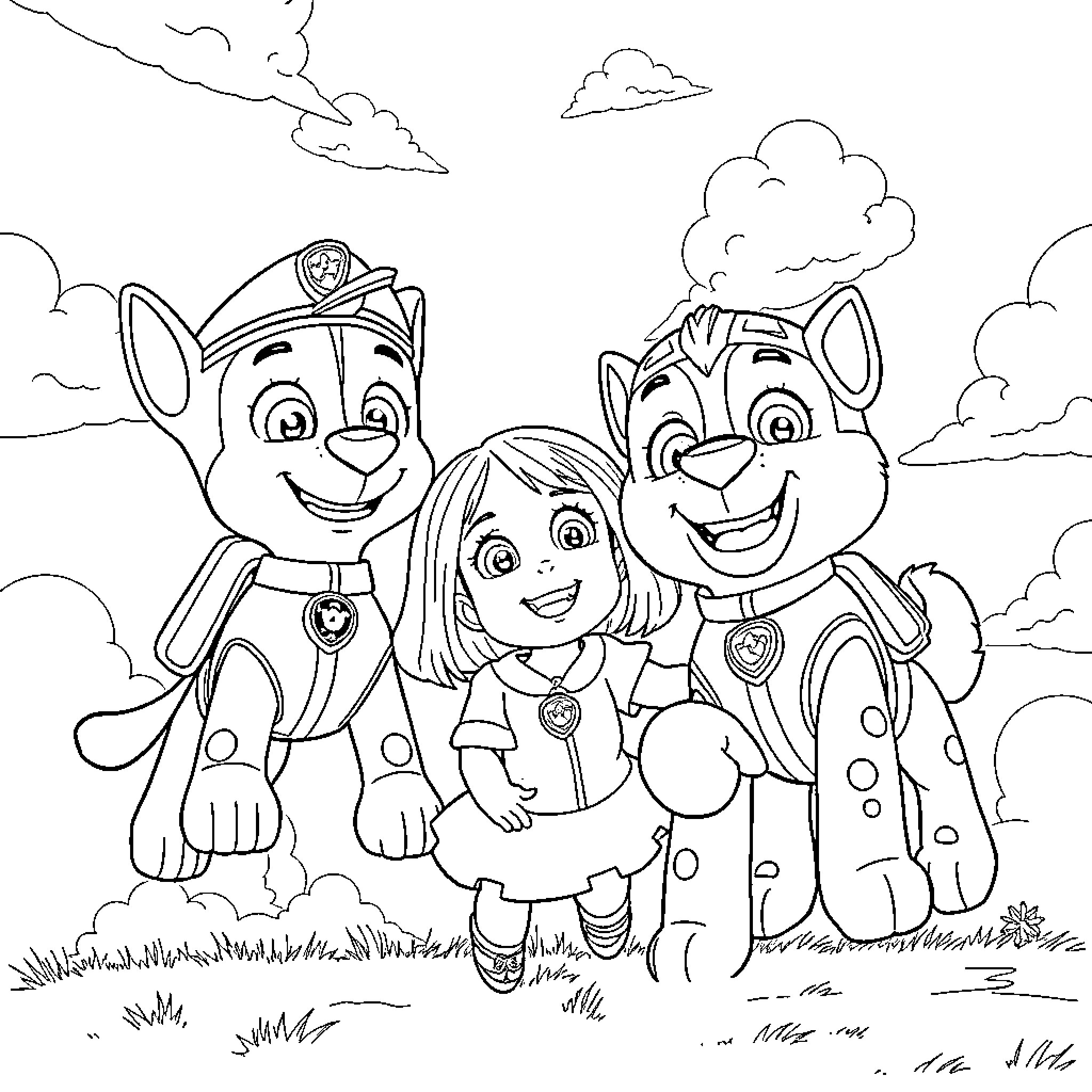 Paw Patrol Friends Enjoying Outdoor Adventure Coloring Page (free black-and-white line drawing printable PDF for all, from beginners to advanced learners, including children, teens, adults, and seniors)