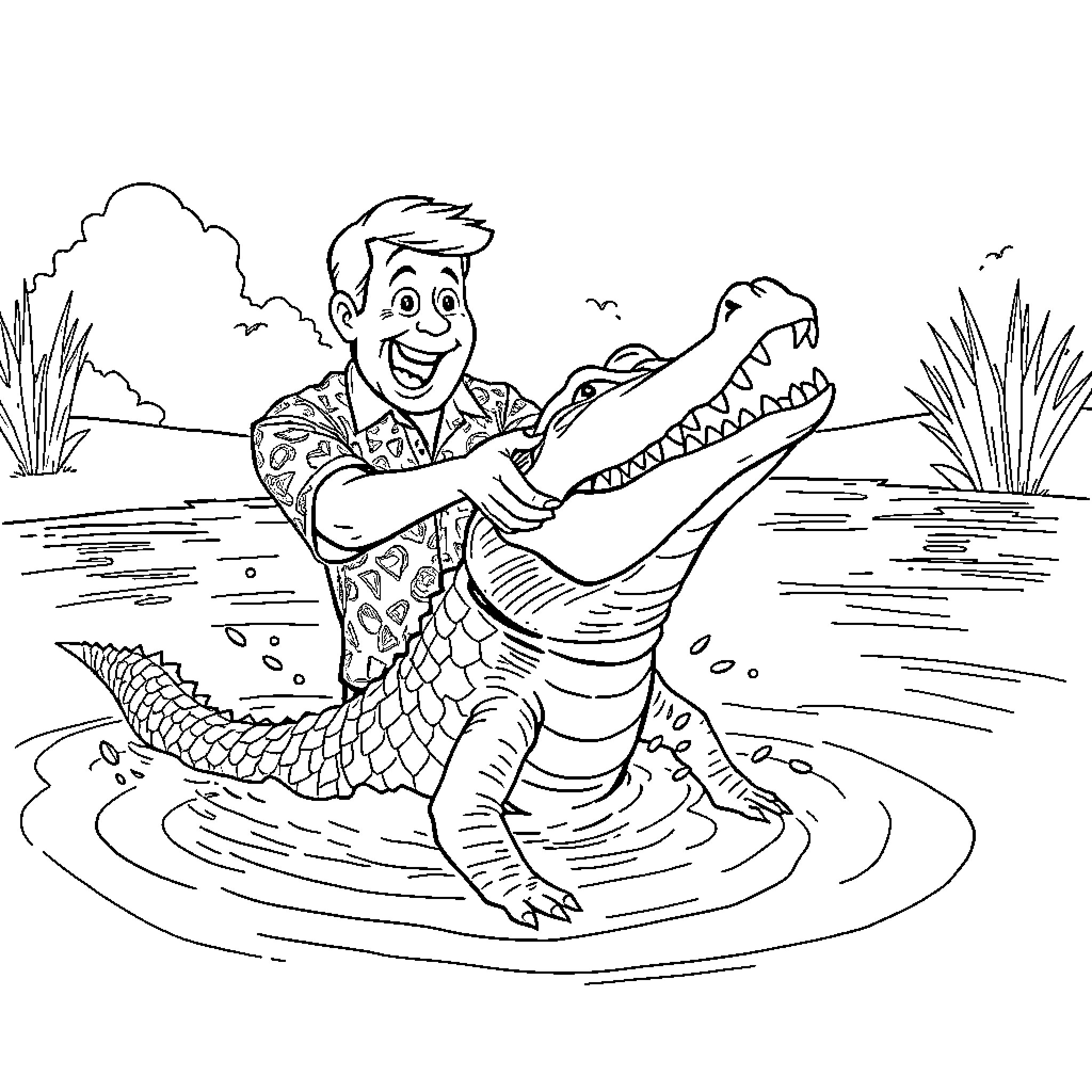 Happy Gilmore wrestling with an alligator in the swamp Coloring Page (free black-and-white line drawing printable PDF for all, from beginners to advanced learners, including children, teens, adults, and seniors)