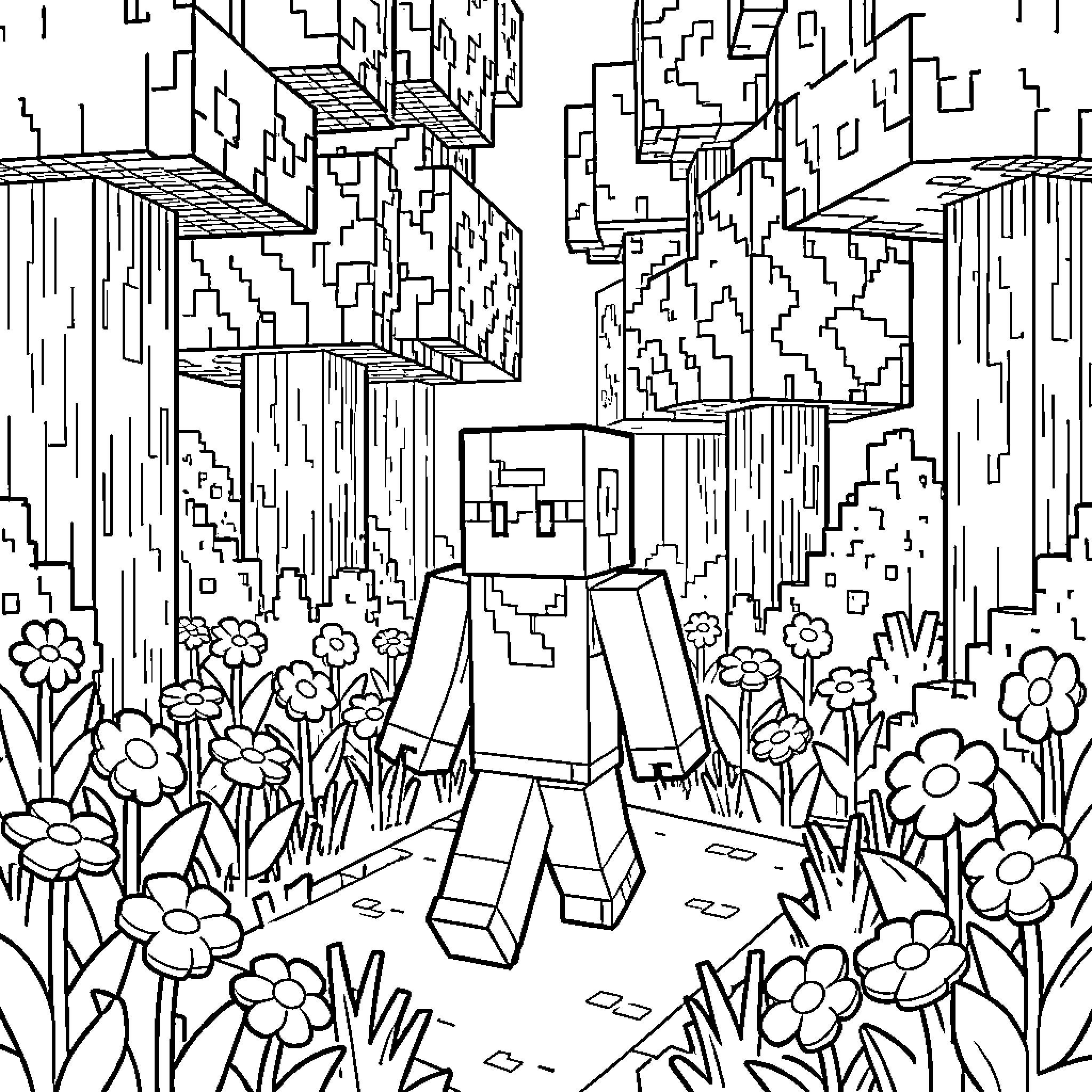 Pokémon Character in Vibrant Floral Landscape Coloring Page (free black-and-white line drawing printable PDF for all, from beginners to advanced learners, including children, teens, adults, and seniors)