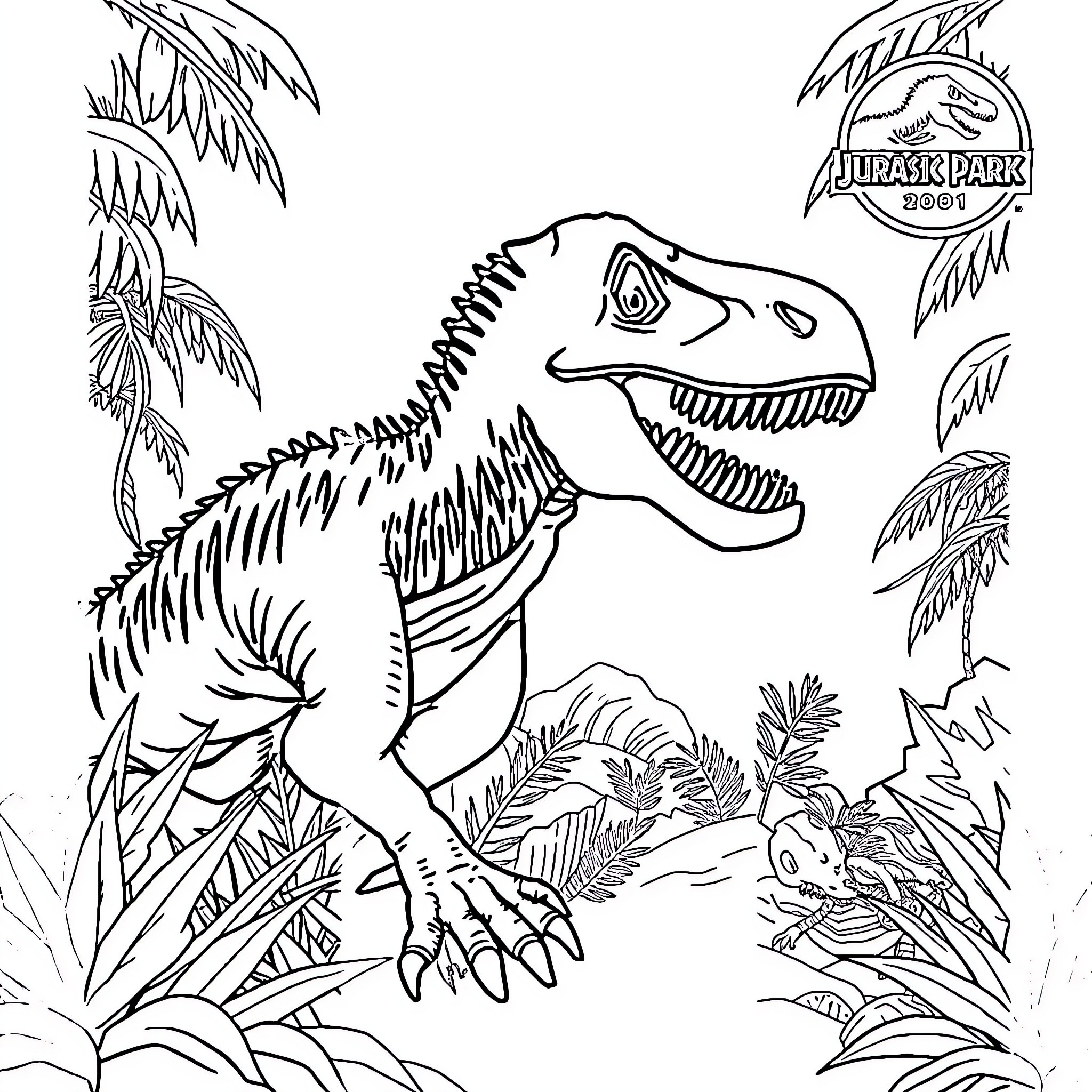 Jurassic Park Dinosaur in Jungle Habitat Coloring Page (free black-and-white line drawing printable PDF for all, from beginners to advanced learners, including children, teens, adults, and seniors)