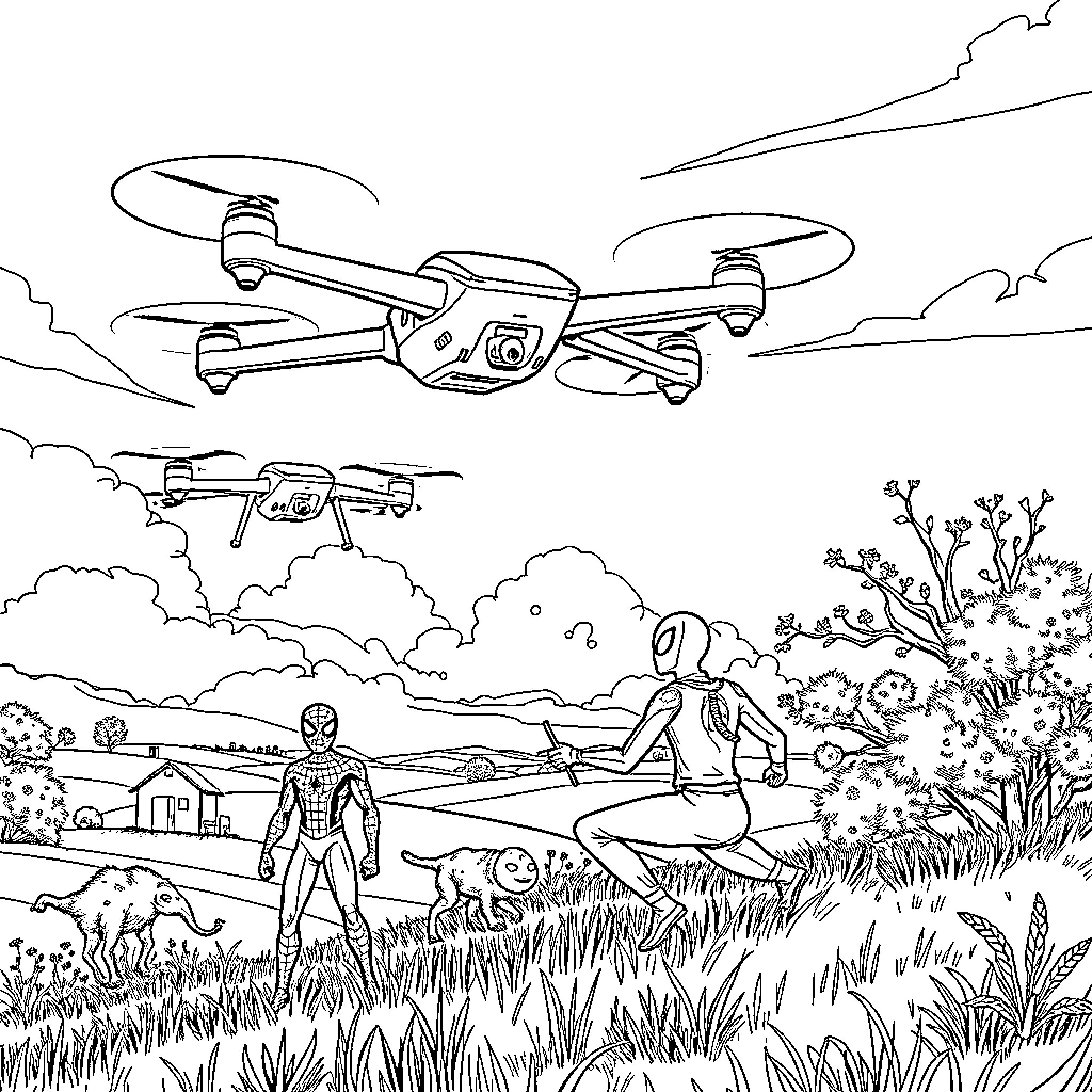 Spidey takes flight with drones in serene landscape Coloring Page (free black-and-white line drawing printable PDF for all, from beginners to advanced learners, including children, teens, adults, and seniors)
