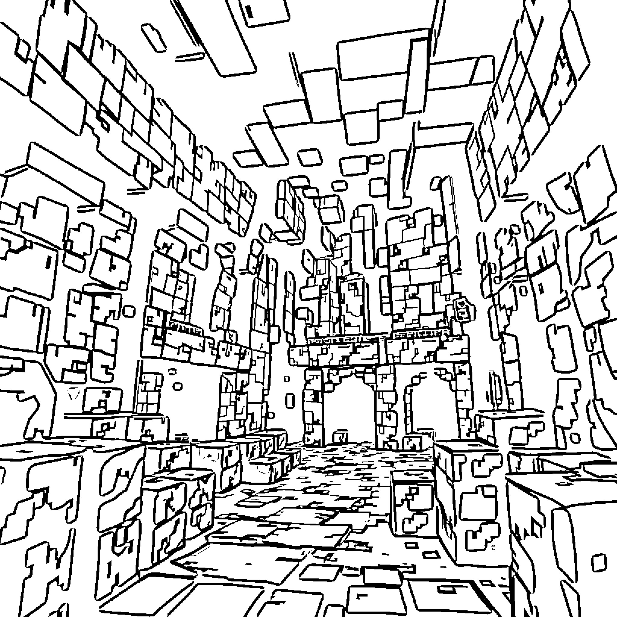 Minecraft abstract city landscape with geometric structures Coloring Page (free black-and-white line drawing printable PDF for all, from beginners to advanced learners, including children, teens, adults, and seniors)