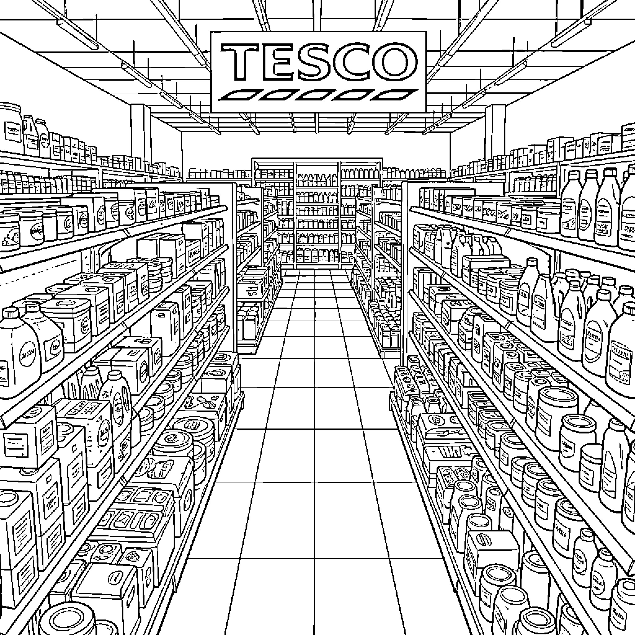 Tesco supermarket aisles filled with various grocery products Coloring Page (free black-and-white line drawing printable PDF for all, from beginners to advanced learners, including children, teens, adults, and seniors)