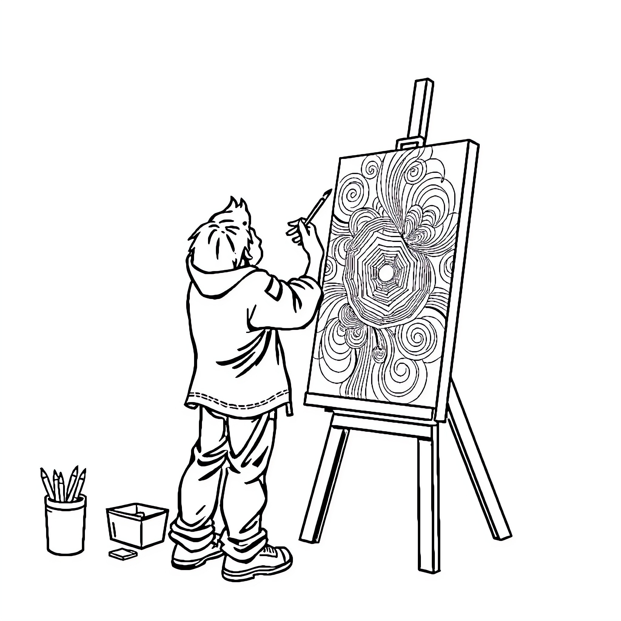 Artist painting abstract swirls on canvas Coloring Page (free black-and-white line drawing printable PDF for all, from beginners to advanced learners, including children, teens, adults, and seniors)