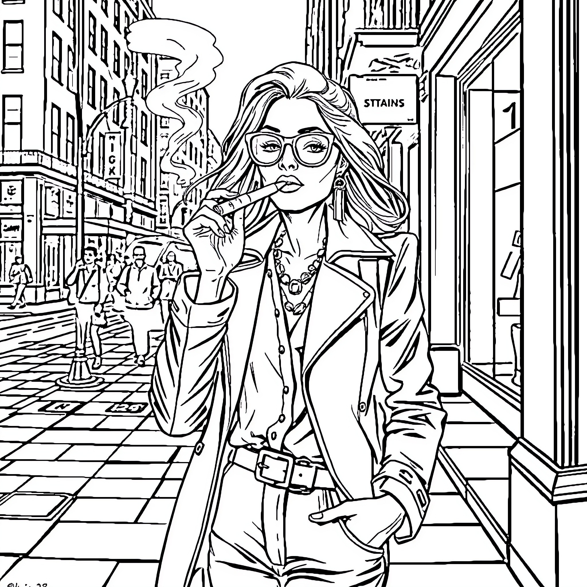 Lady in Stylish Attire Walks Through Urban Cityscape Coloring Page (free black-and-white line drawing printable PDF for all, from beginners to advanced learners, including children, teens, adults, and seniors)