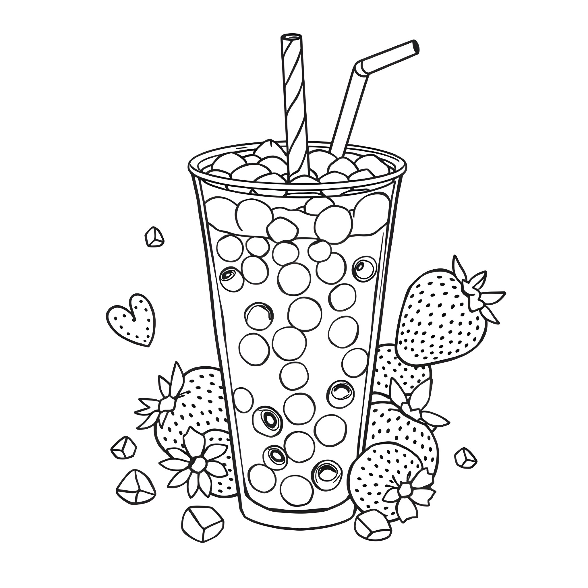Bubble Tea with Strawberries and Flowers Coloring Page (free black-and-white line drawing printable PDF for all, from beginners to advanced learners, including children, teens, adults, and seniors)