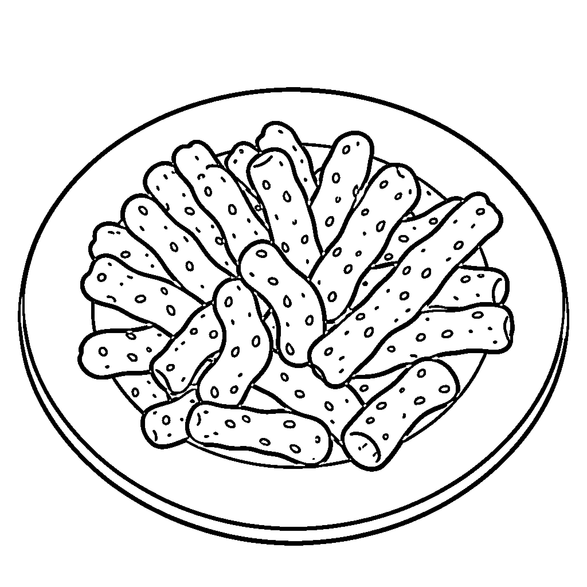 Cheetos piled high on a circular plate Coloring Page (free black-and-white line drawing printable PDF for all, from beginners to advanced learners, including children, teens, adults, and seniors)