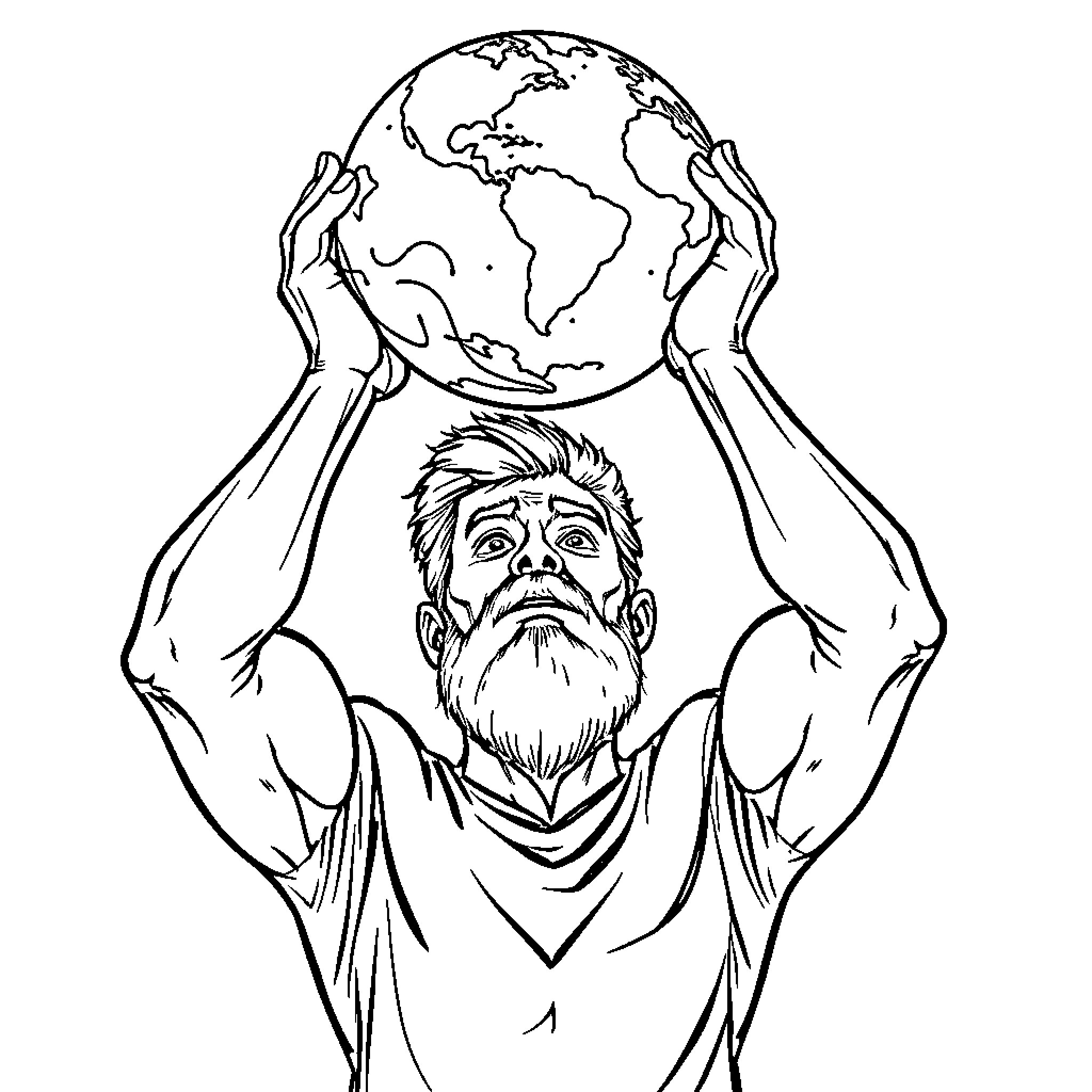 Man holding the world in his hands Coloring Page (free black-and-white line drawing printable PDF for all, from beginners to advanced learners, including children, teens, adults, and seniors)