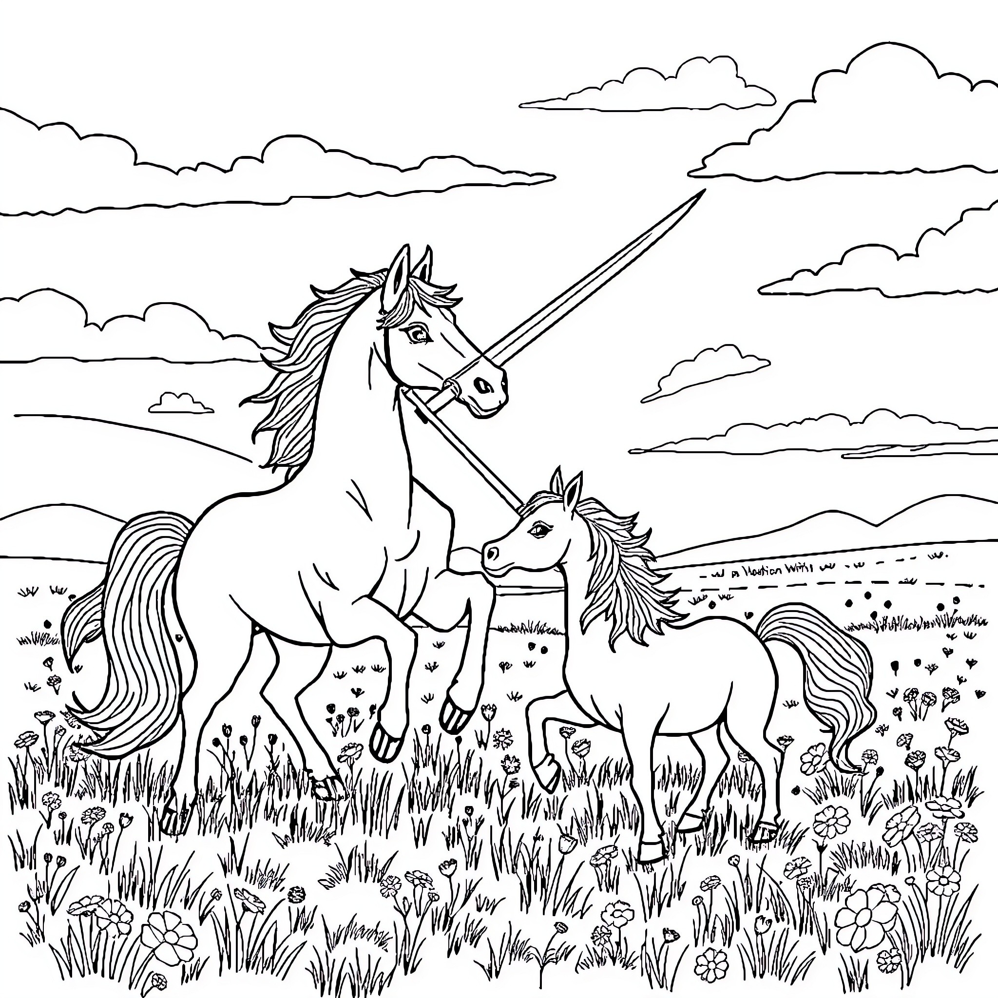Horse and foal grazing in the meadow Coloring Page (free black-and-white line drawing printable PDF for all, from beginners to advanced learners, including children, teens, adults, and seniors)