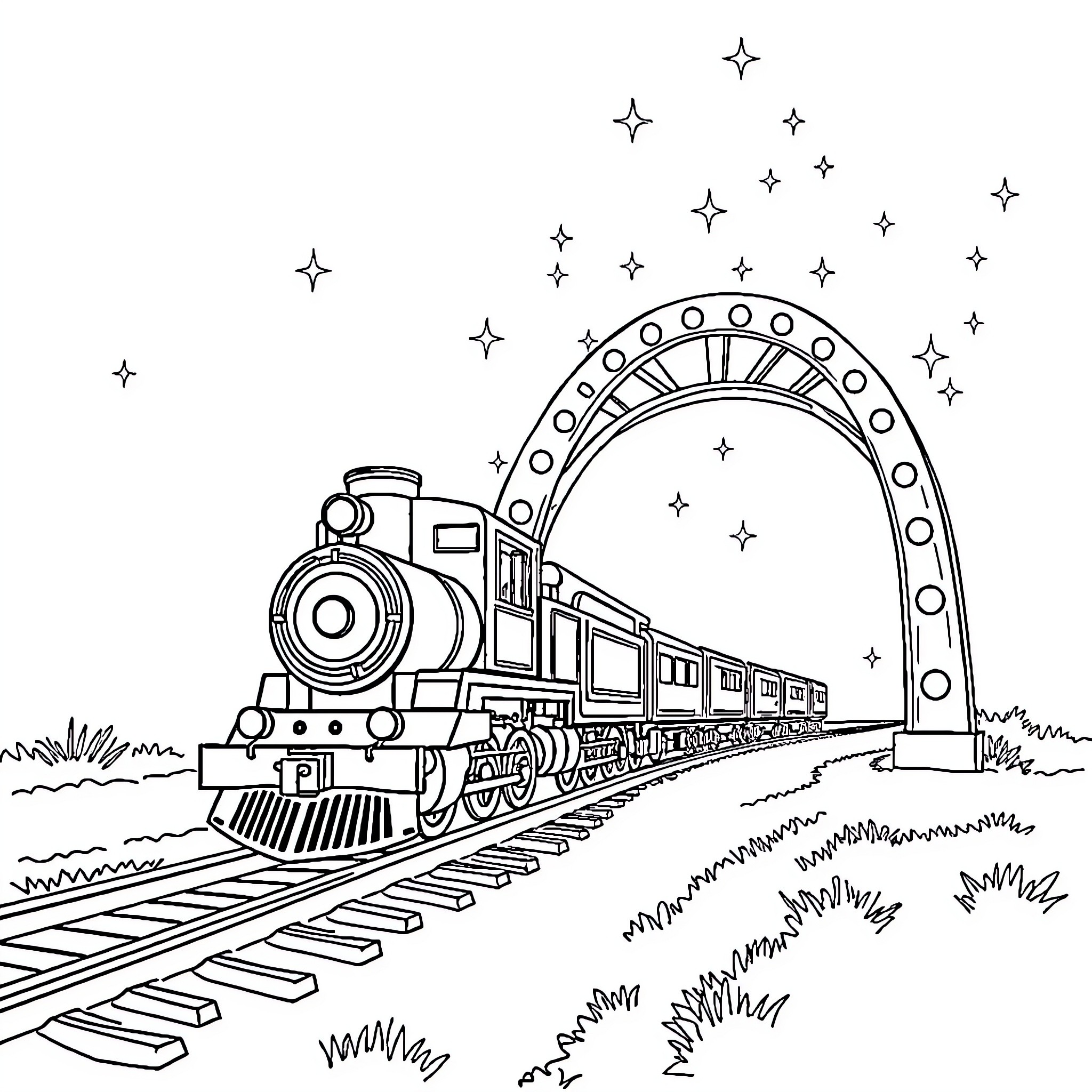 Train traveling through starry night landscape Coloring Page (free black-and-white line drawing printable PDF for all, from beginners to advanced learners, including children, teens, adults, and seniors)
